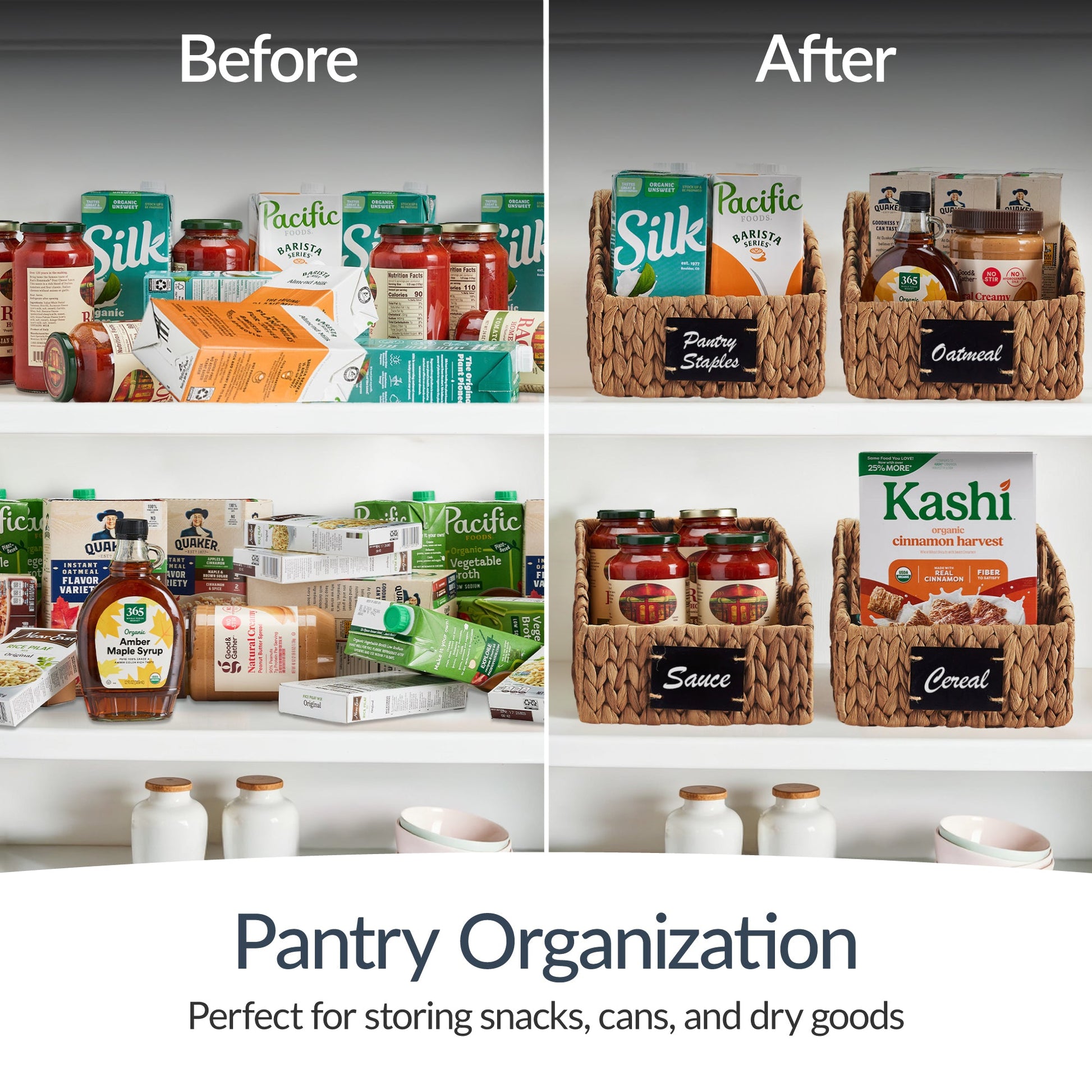Storage Pantry Baskets for Organizing, Wicker Basket w/ Built-in Handles