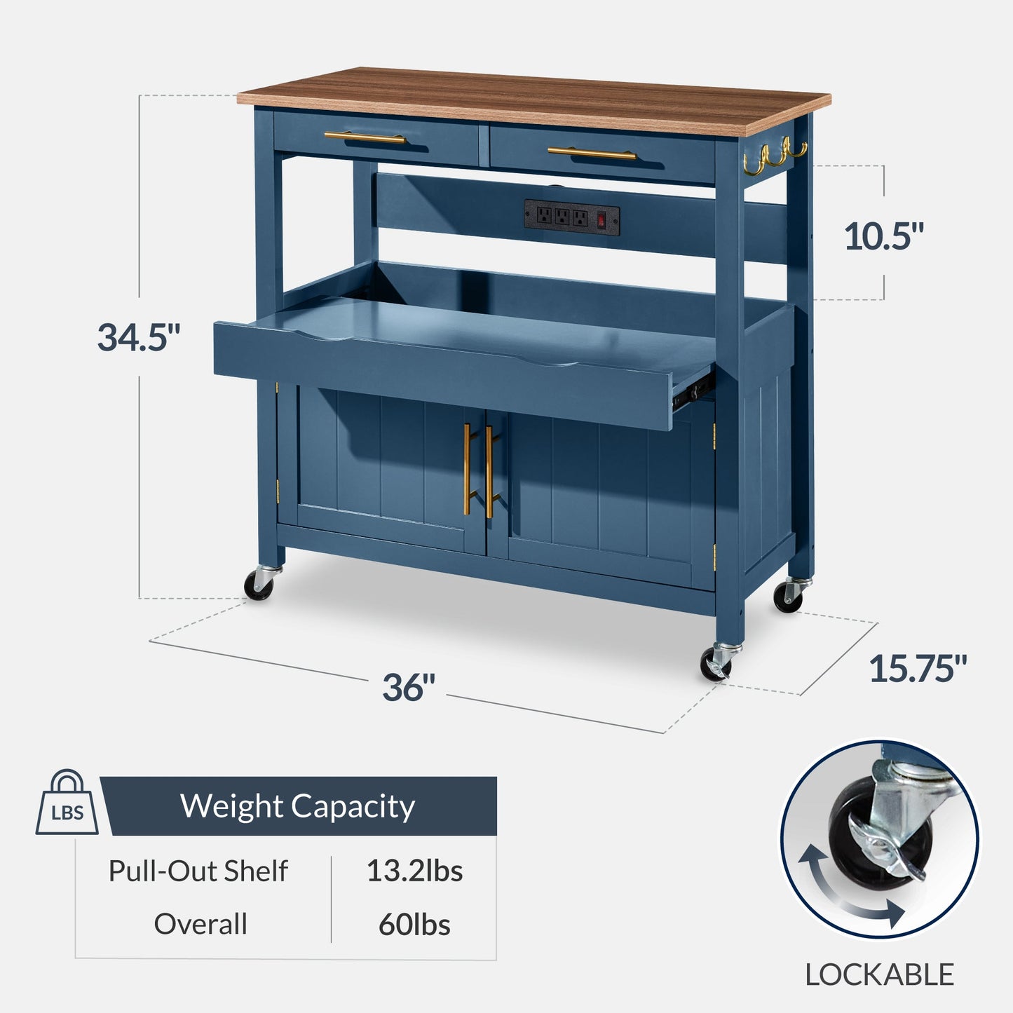 36in Large Rolling Kitchen Island Cart, 2-Door Cabinet, Outlet, & Wheels