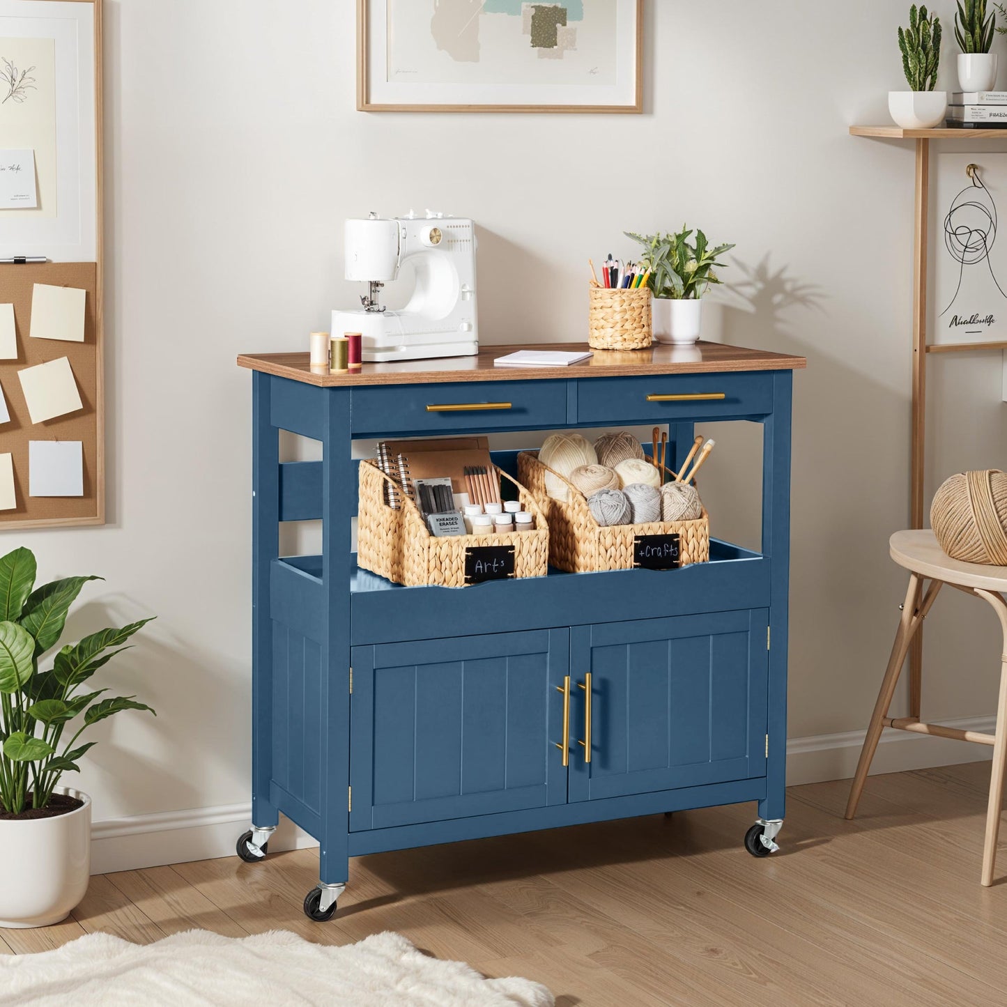 36in Large Rolling Kitchen Island Cart, 2-Door Cabinet, Outlet, & Wheels