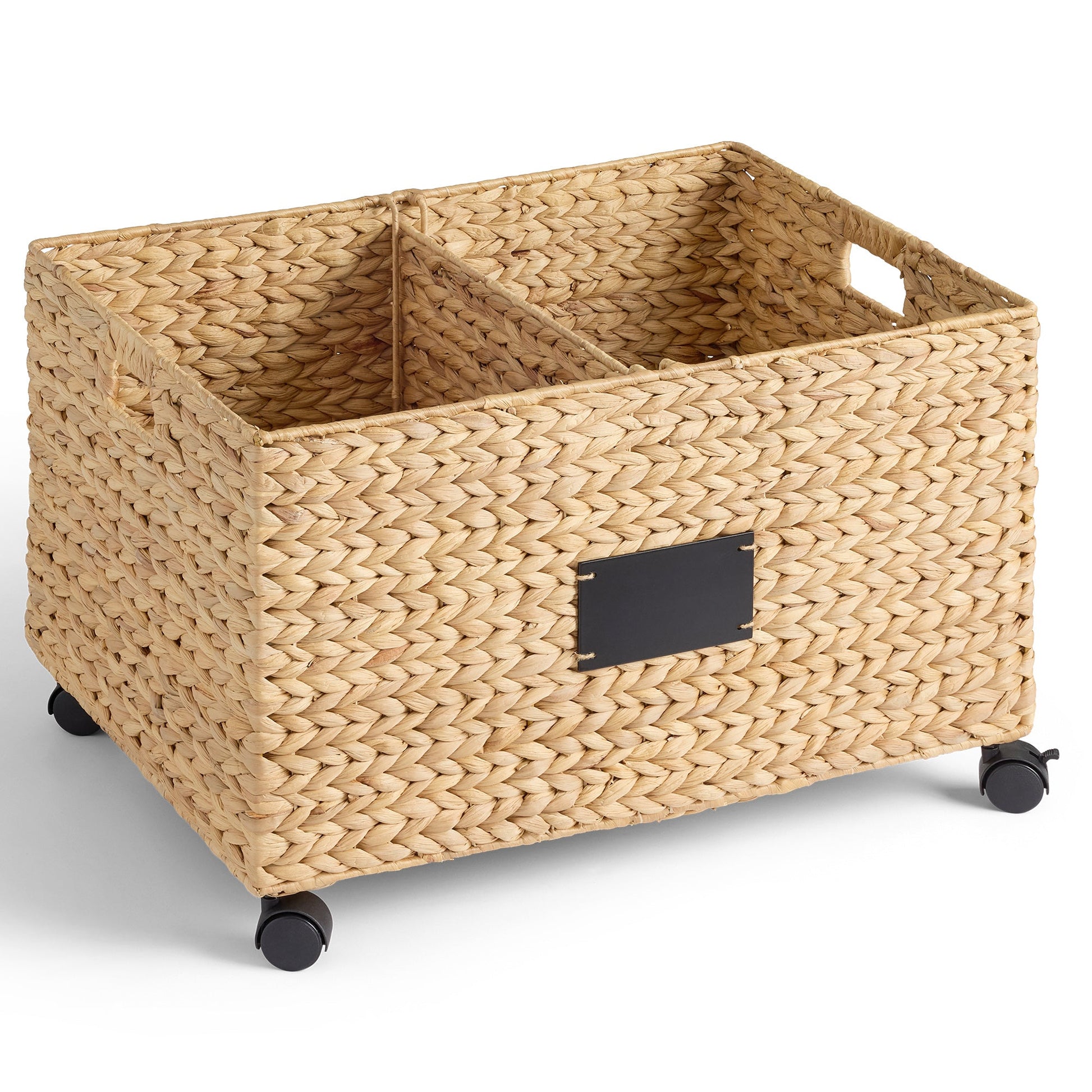 Rolling Pantry Storage Basket Organizer W/ Chalkboard Label, Handles, Removable Divider - Chestnut