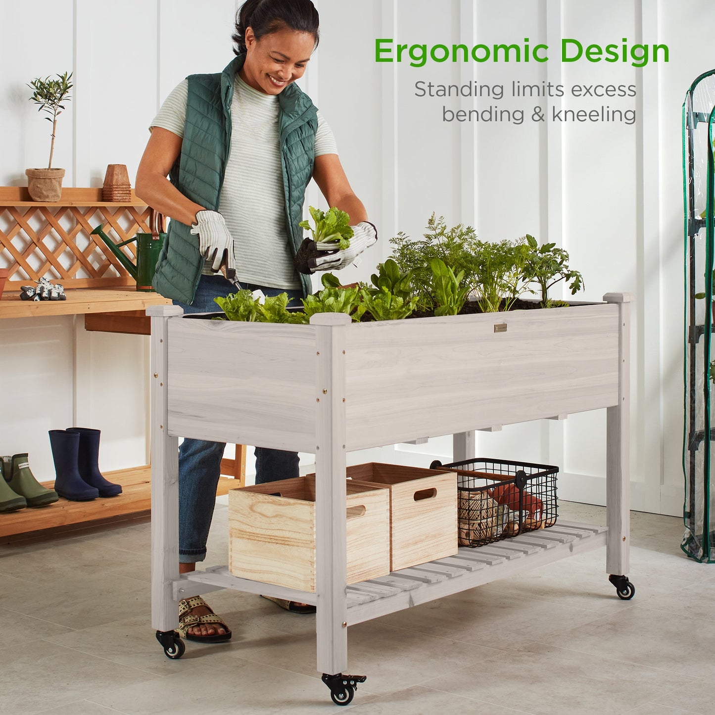 Mobile Raised Garden Bed Elevated Planter w/ Wheels, Shelf - 48x24x32in