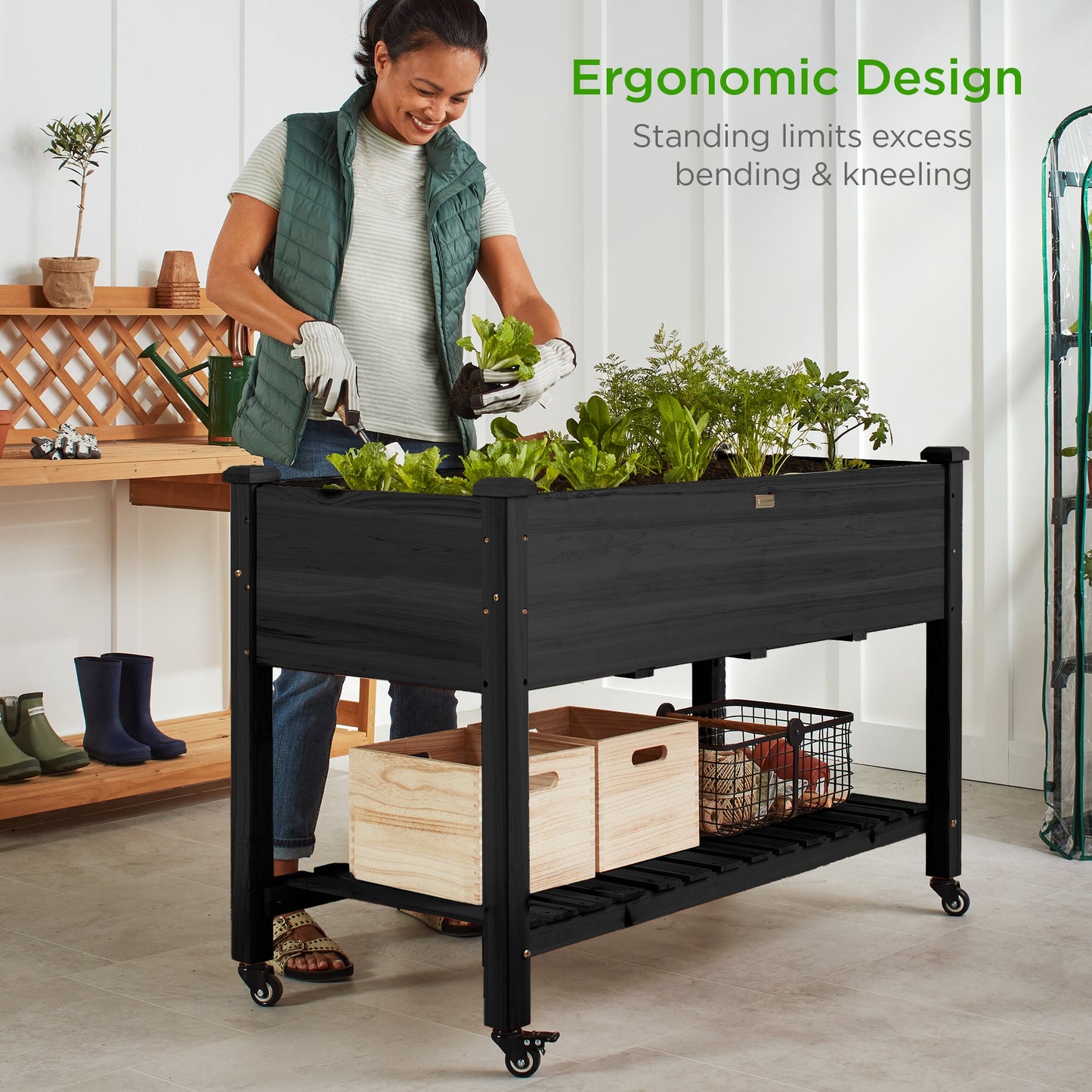 Mobile Raised Garden Bed Elevated Planter w/ Wheels, Shelf - 48x24x32in