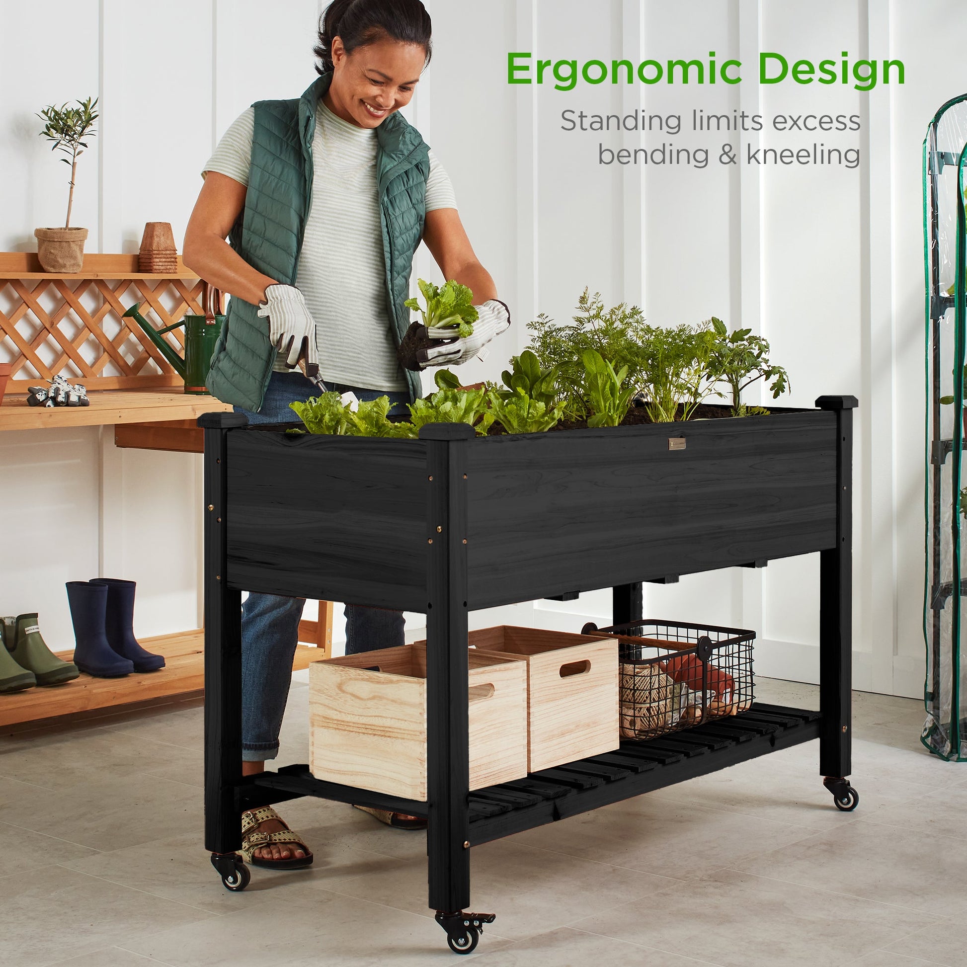 Mobile Raised Garden Bed Elevated Planter w/ Wheels, Shelf - 48x24x32in