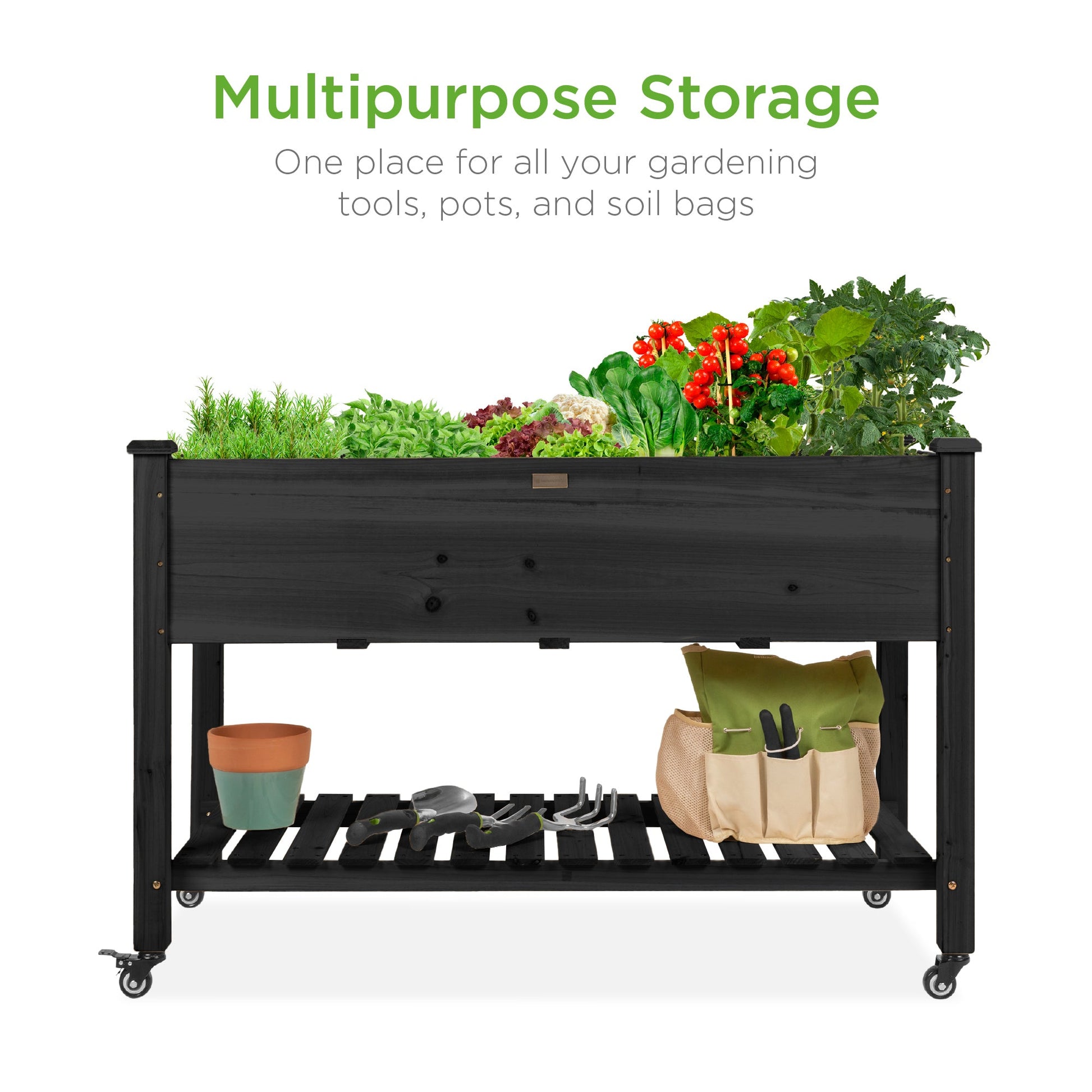 Mobile Raised Garden Bed Elevated Planter w/ Wheels, Shelf - 48x24x32in