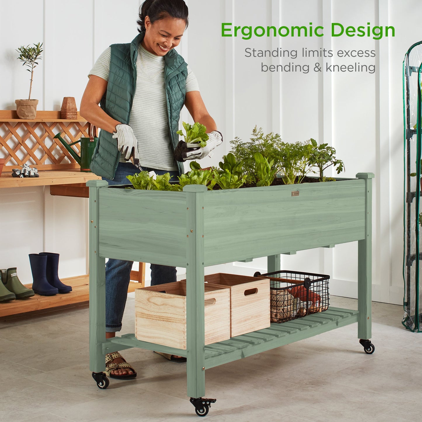 Mobile Raised Garden Bed Elevated Planter w/ Wheels, Shelf - 48x24x32in