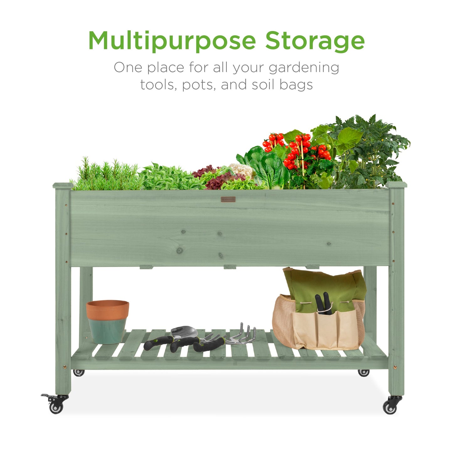 Mobile Raised Garden Bed Elevated Planter w/ Wheels, Shelf - 48x24x32in