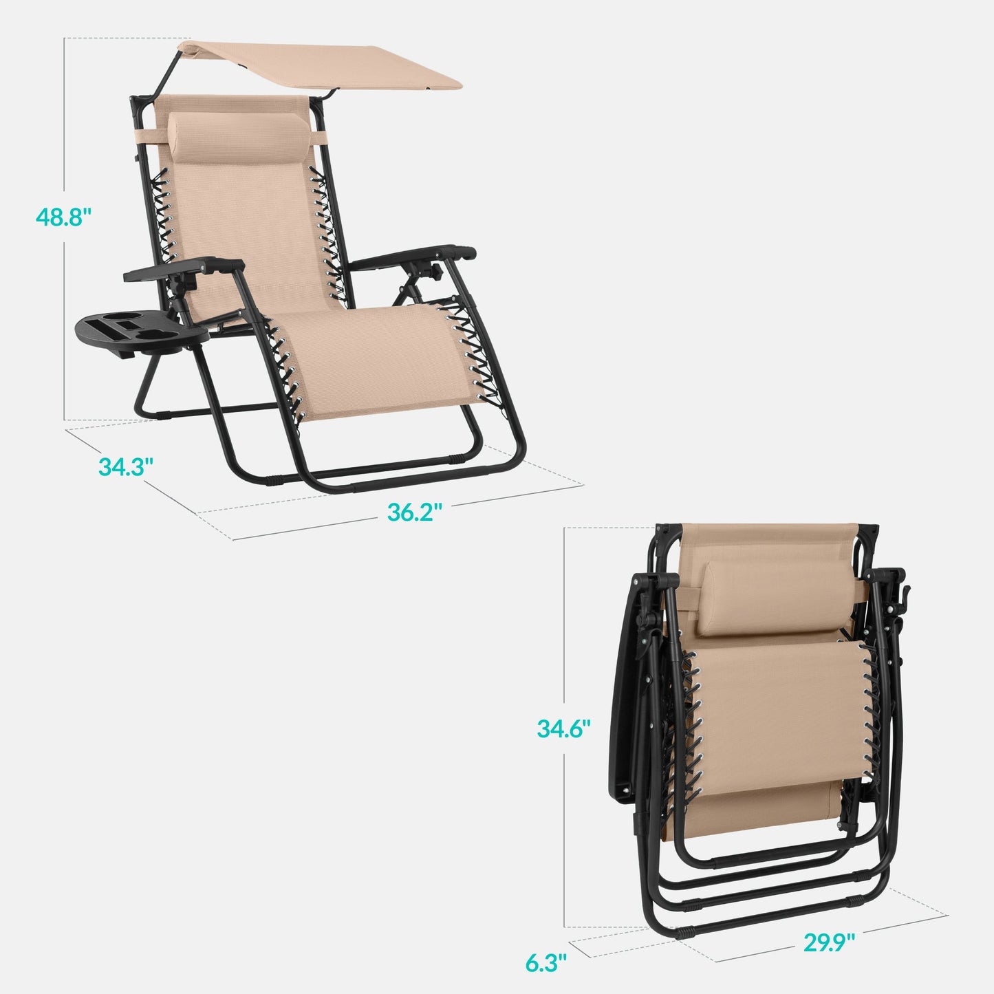 30" Wide Folding Zero Gravity Patio Lounge Chair w/Adjustable Canopy Shade
