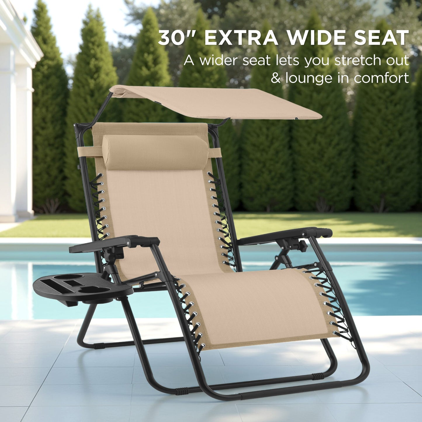 30" Wide Folding Zero Gravity Patio Lounge Chair w/Adjustable Canopy Shade