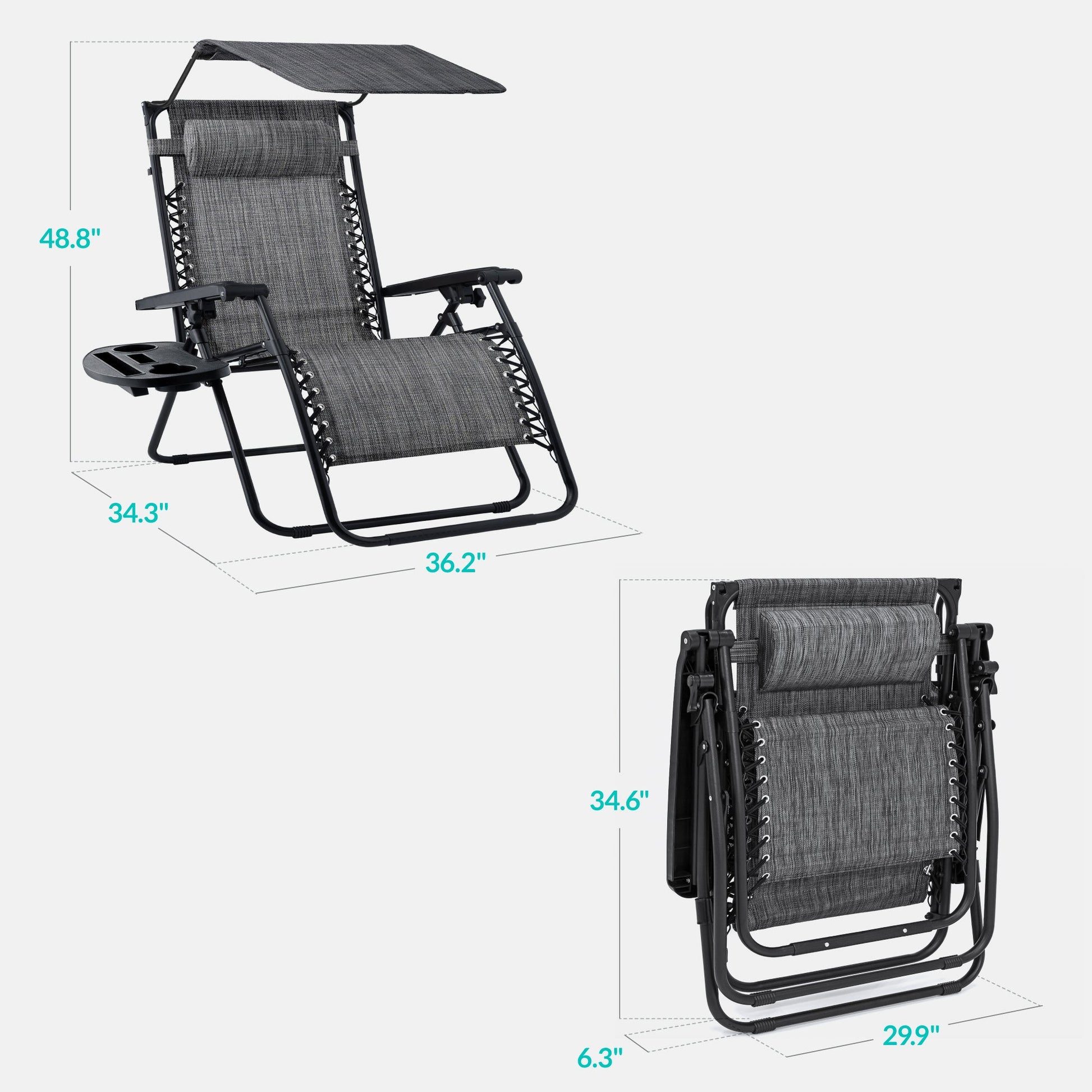 30" Wide Folding Zero Gravity Patio Lounge Chair w/Adjustable Canopy Shade