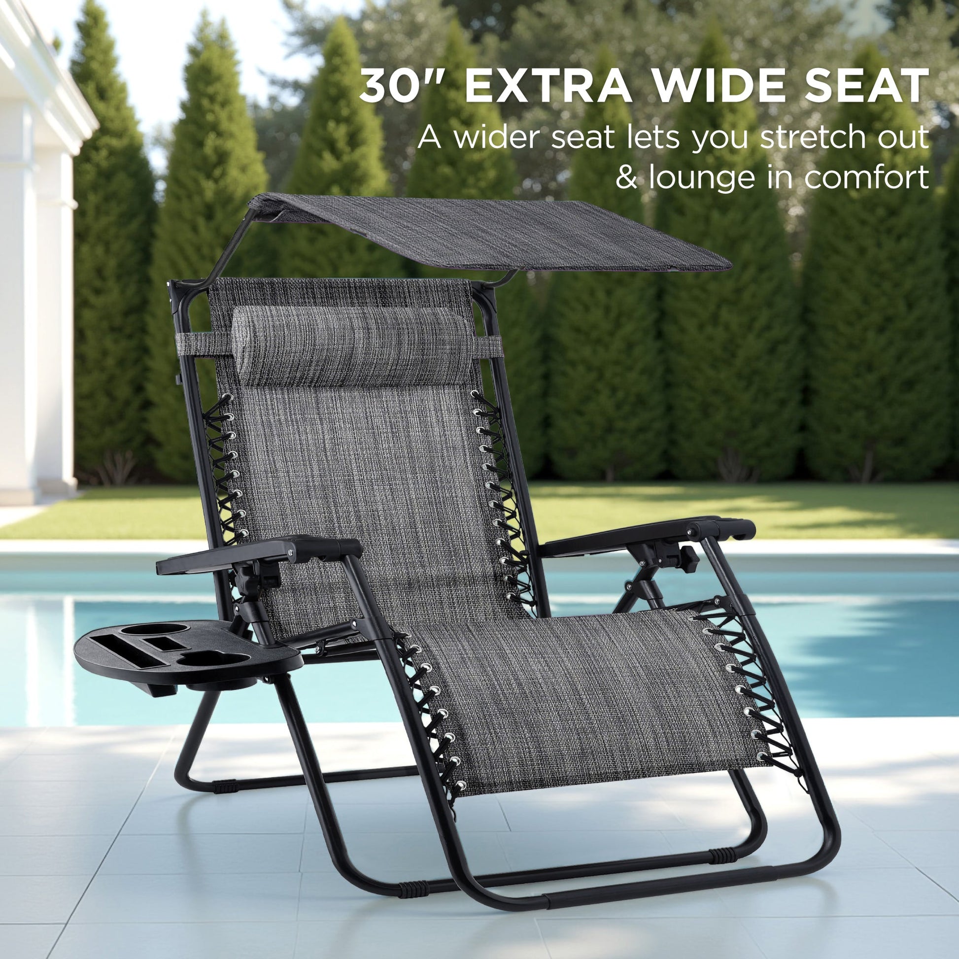 30" Wide Folding Zero Gravity Patio Lounge Chair w/Adjustable Canopy Shade