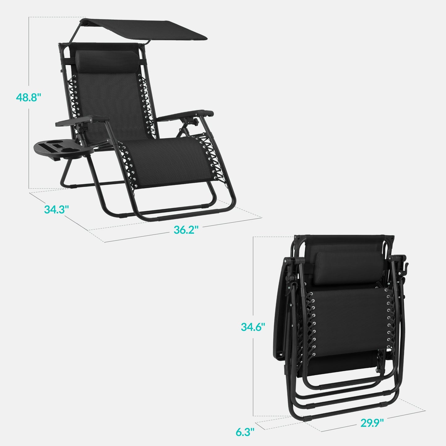 30" Wide Folding Zero Gravity Patio Lounge Chair w/Adjustable Canopy Shade