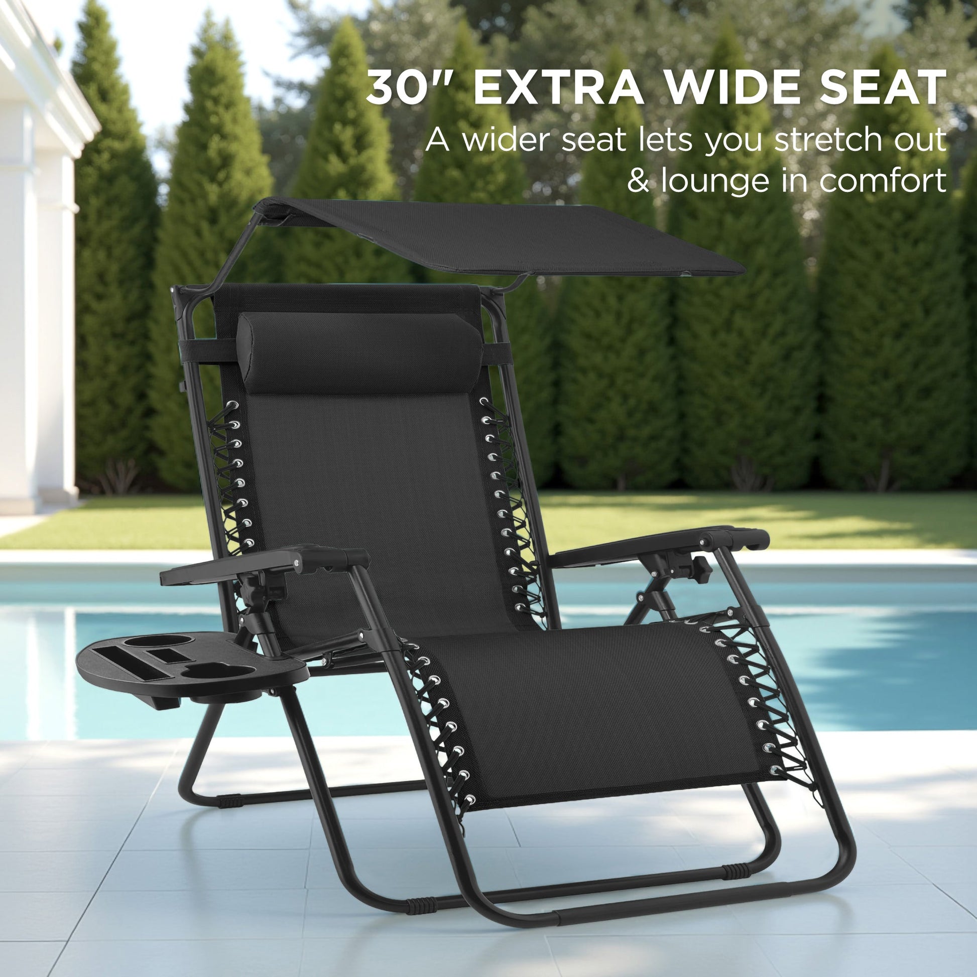 30" Wide Folding Zero Gravity Patio Lounge Chair w/Adjustable Canopy Shade