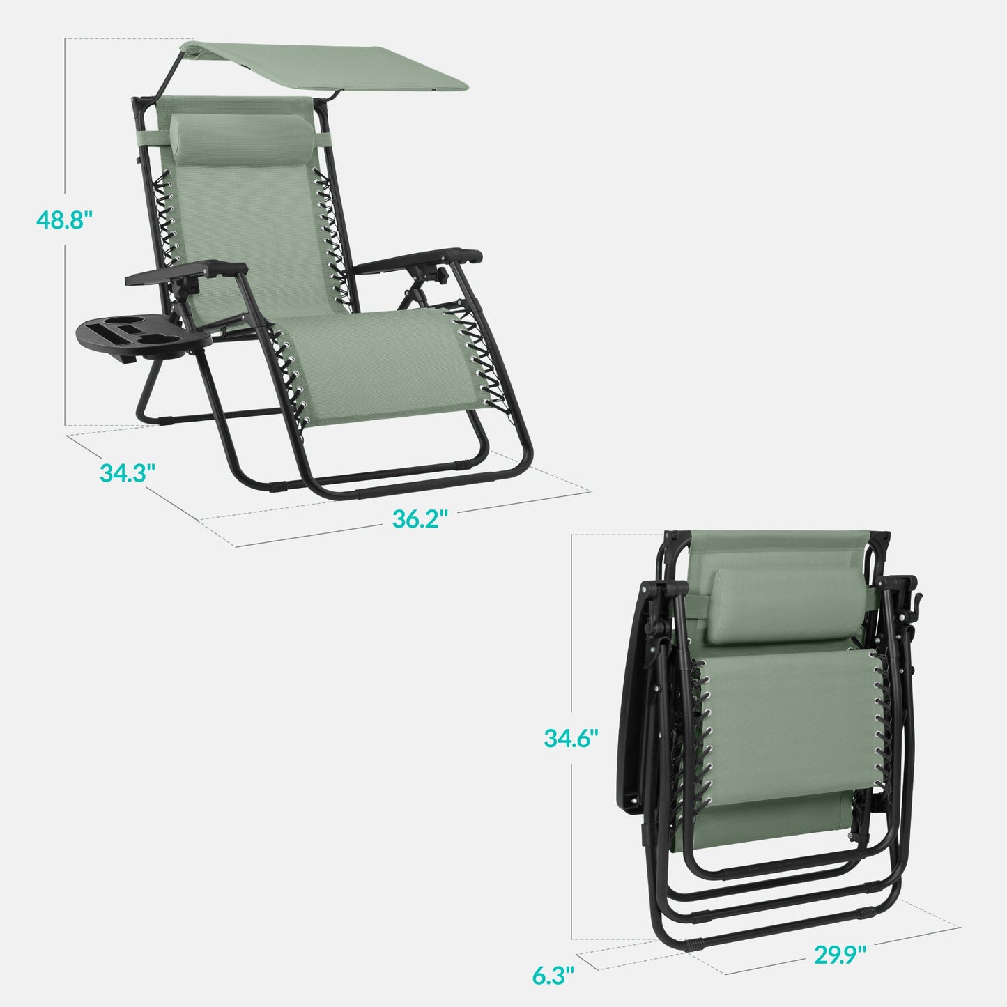 30" Wide Folding Zero Gravity Patio Lounge Chair w/Adjustable Canopy Shade