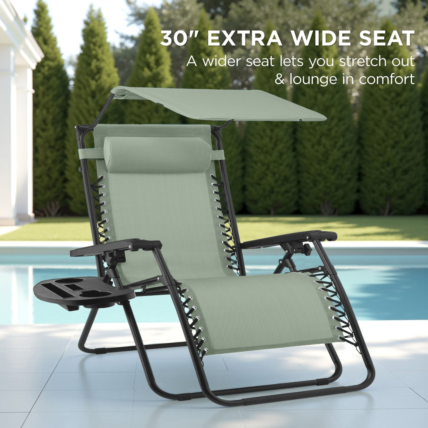 30" Wide Folding Zero Gravity Patio Lounge Chair w/Adjustable Canopy Shade