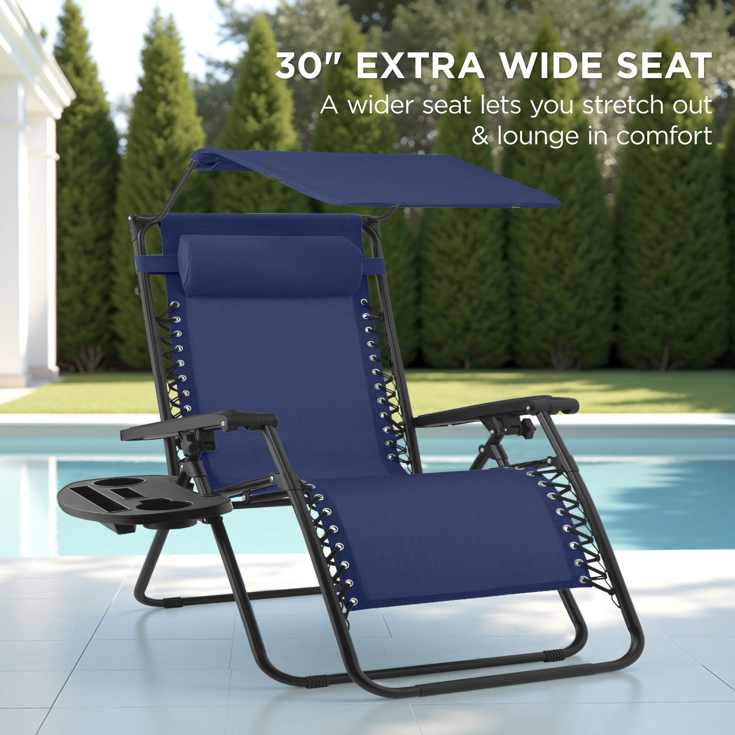 30" Wide Folding Zero Gravity Patio Lounge Chair w/Adjustable Canopy Shade