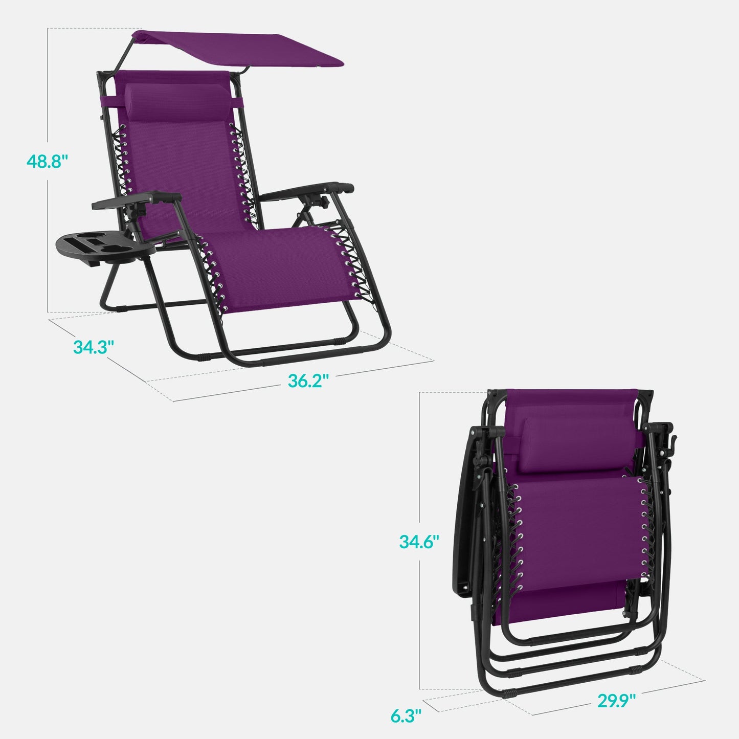 30" Wide Folding Zero Gravity Patio Lounge Chair w/Adjustable Canopy Shade