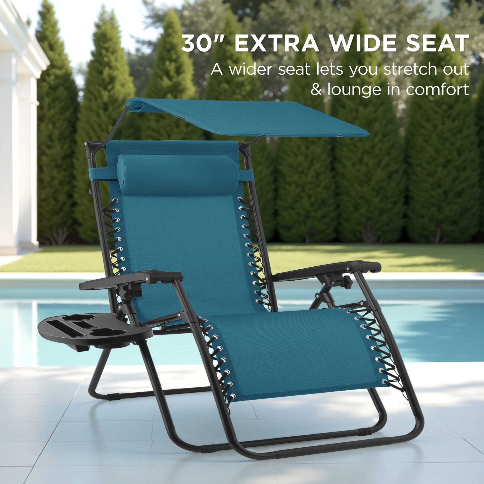 30" Wide Folding Zero Gravity Patio Lounge Chair w/Adjustable Canopy Shade