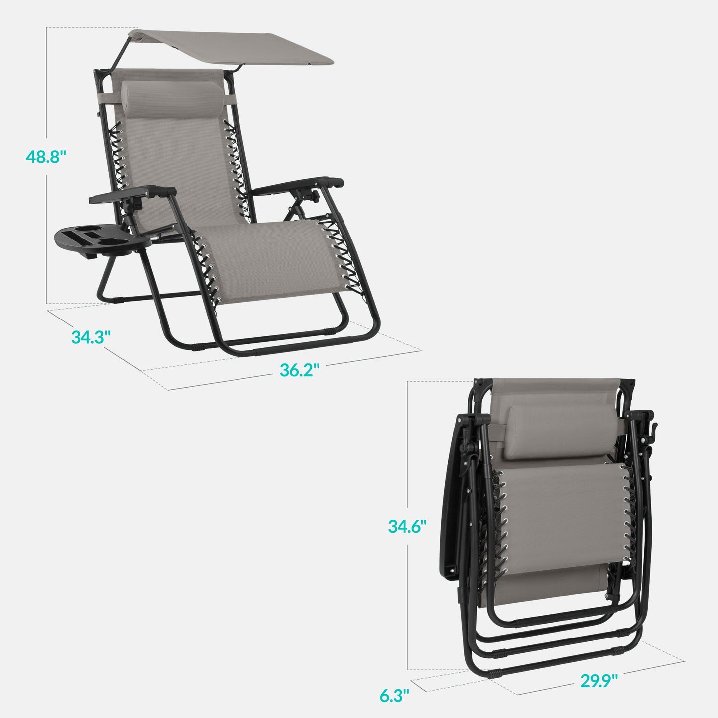 30" Wide Folding Zero Gravity Patio Lounge Chair w/Adjustable Canopy Shade