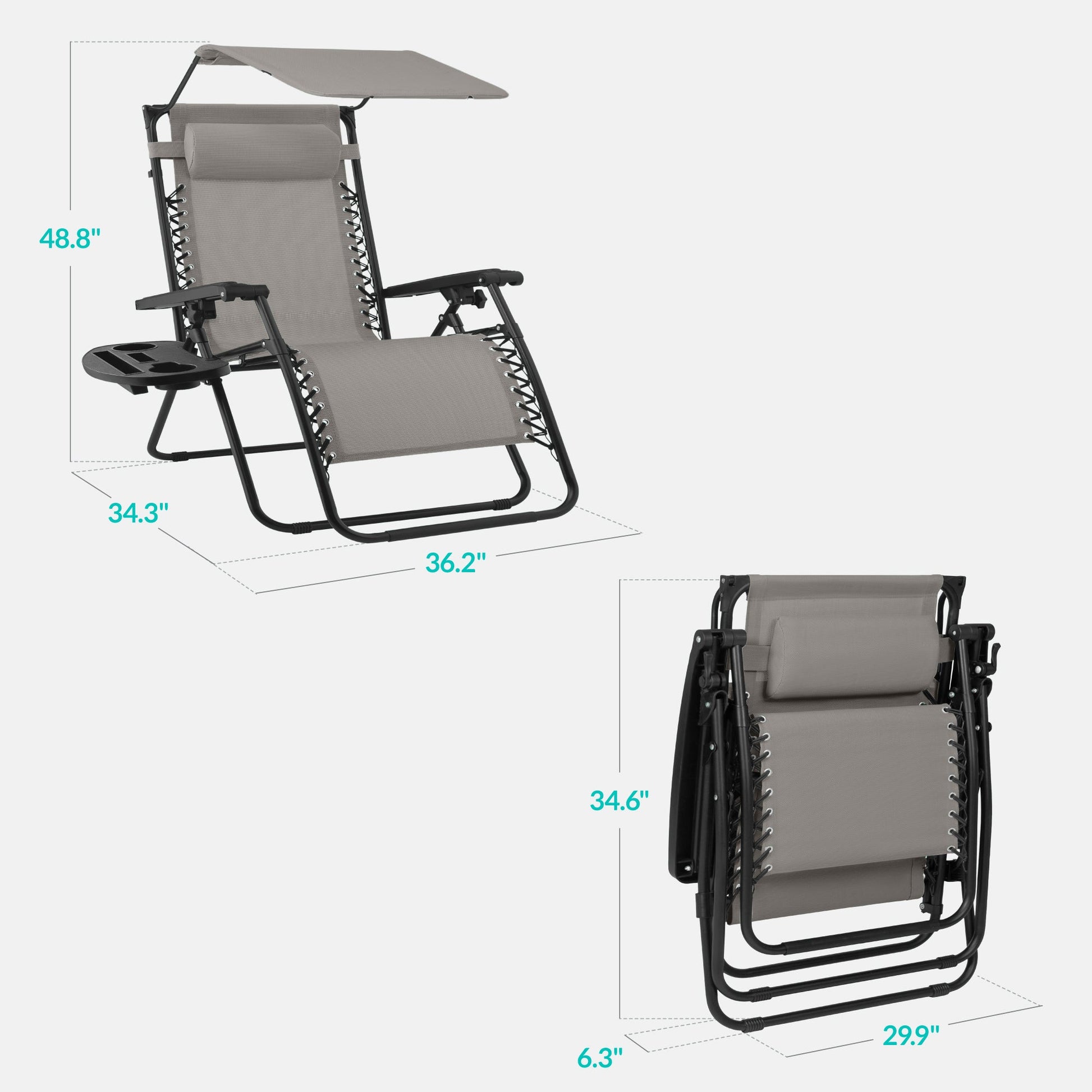 30" Wide Folding Zero Gravity Patio Lounge Chair w/Adjustable Canopy Shade