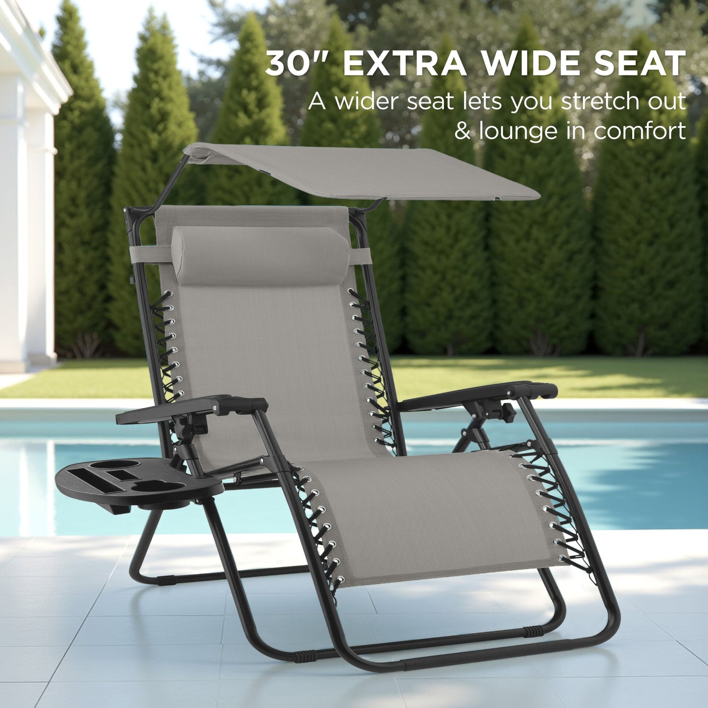 30" Wide Folding Zero Gravity Patio Lounge Chair w/Adjustable Canopy Shade