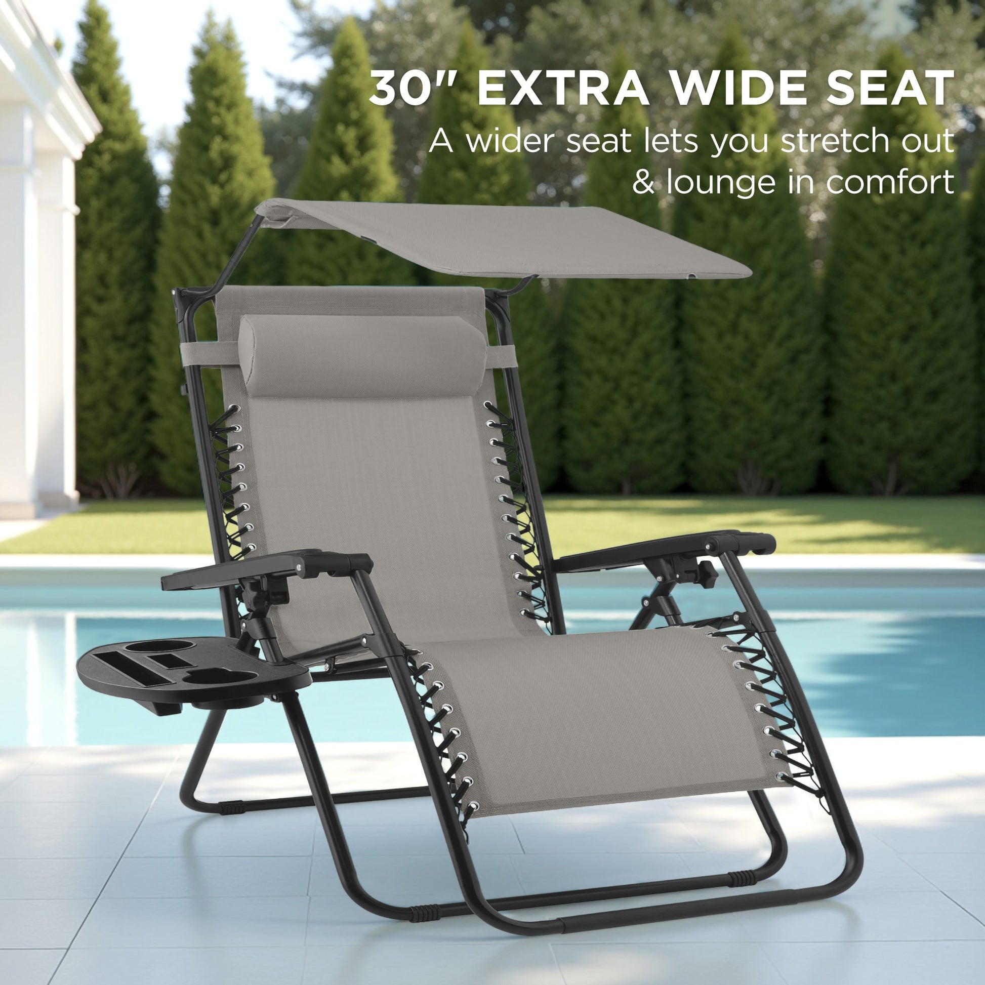 30" Wide Folding Zero Gravity Patio Lounge Chair w/Adjustable Canopy Shade