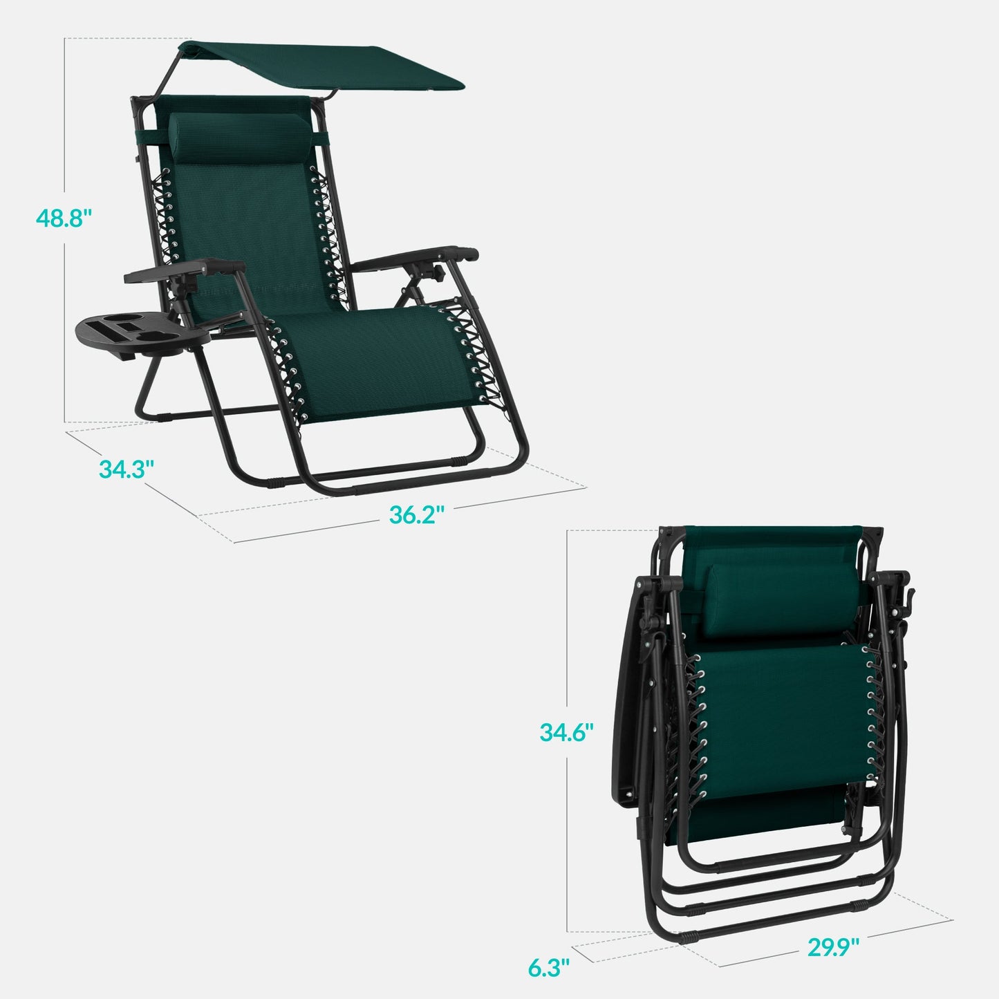 30" Wide Folding Zero Gravity Patio Lounge Chair w/Adjustable Canopy Shade