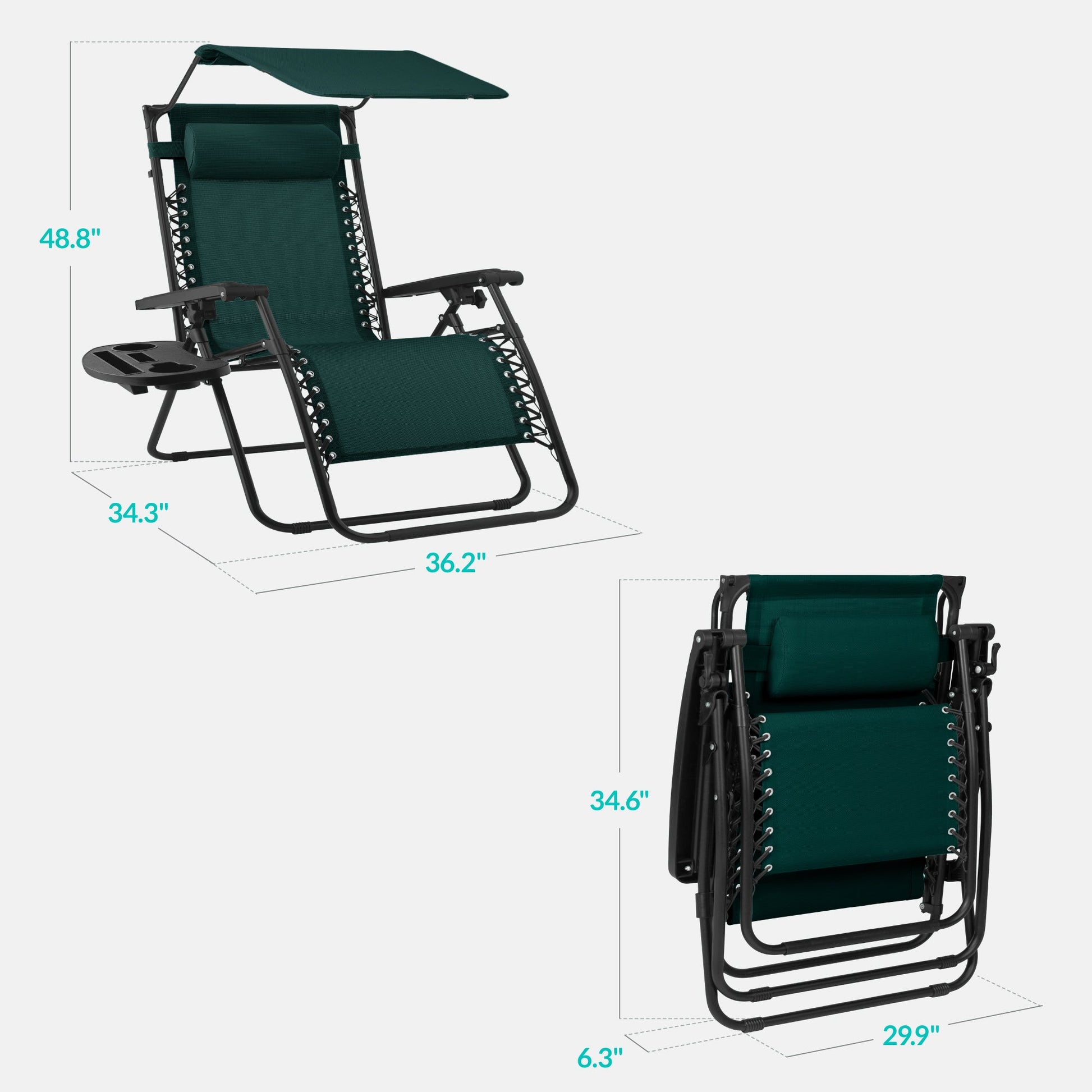 30" Wide Folding Zero Gravity Patio Lounge Chair w/Adjustable Canopy Shade