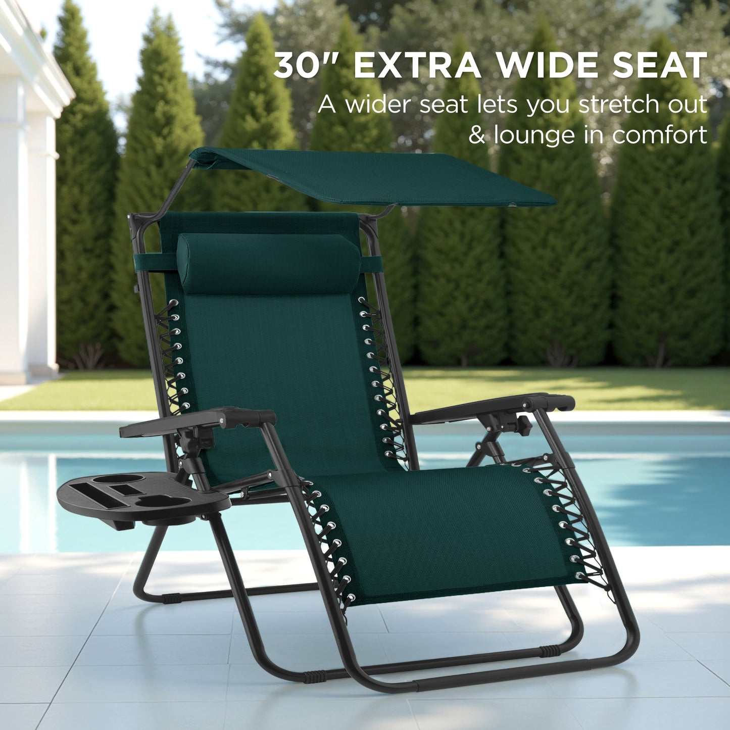 30" Wide Folding Zero Gravity Patio Lounge Chair w/Adjustable Canopy Shade