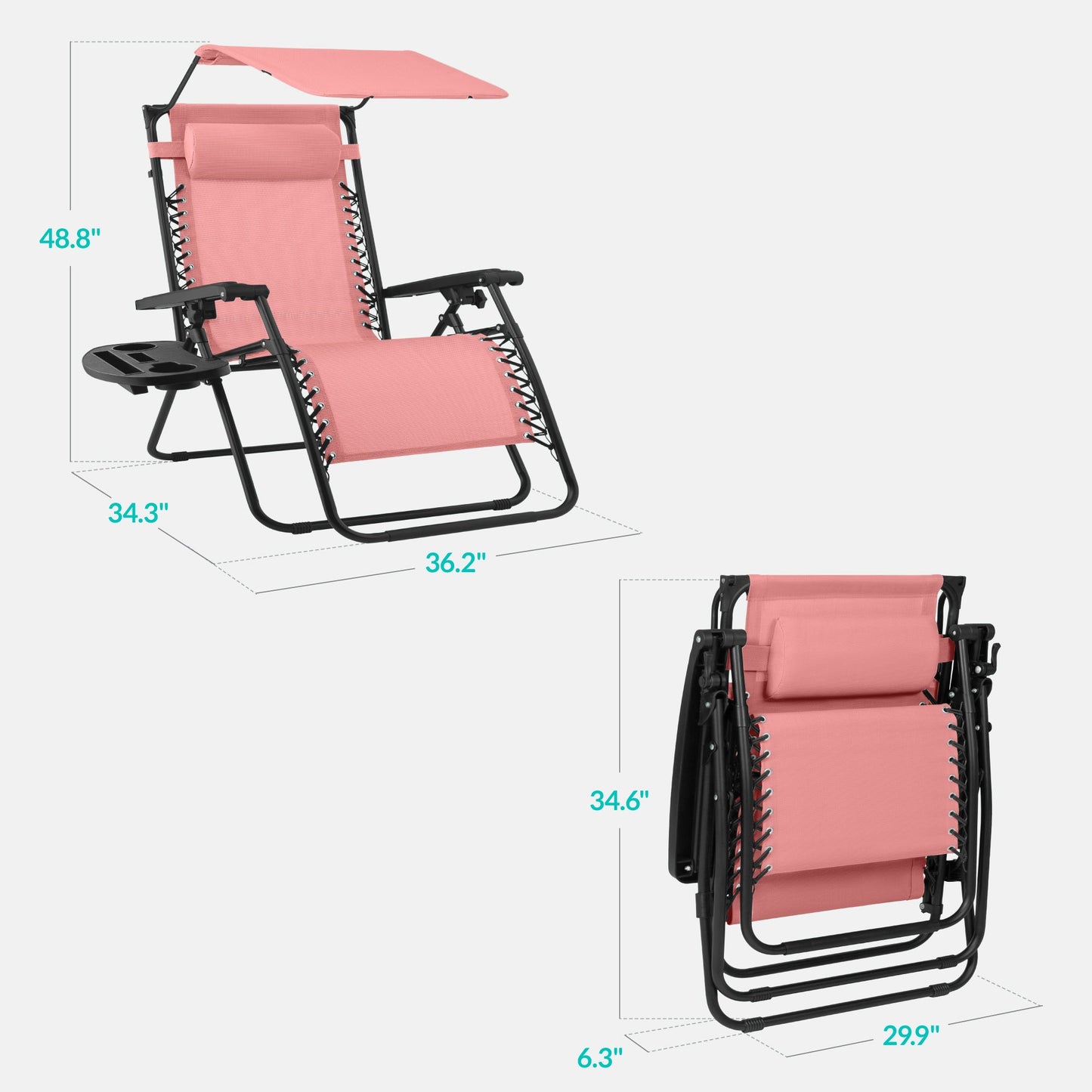 30" Wide Folding Zero Gravity Patio Lounge Chair w/Adjustable Canopy Shade