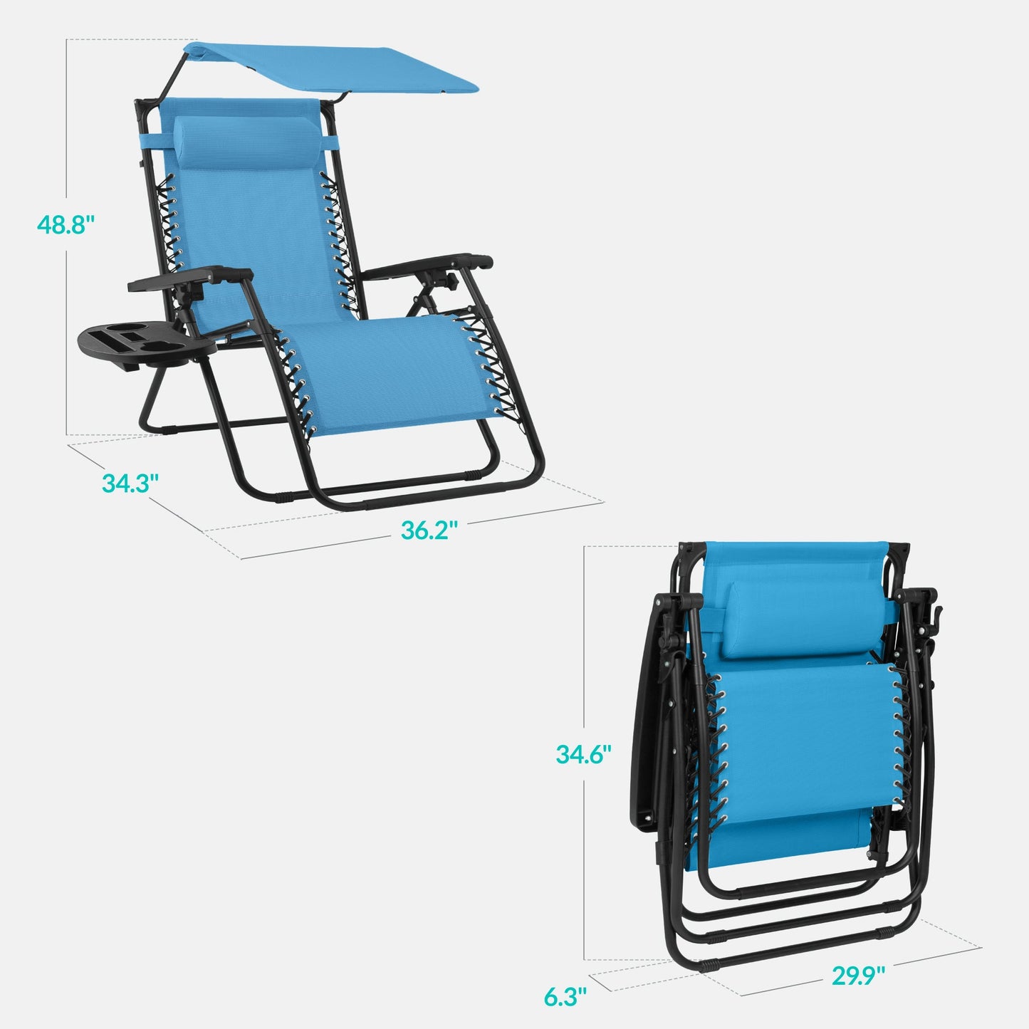 30" Wide Folding Zero Gravity Patio Lounge Chair w/Adjustable Canopy Shade