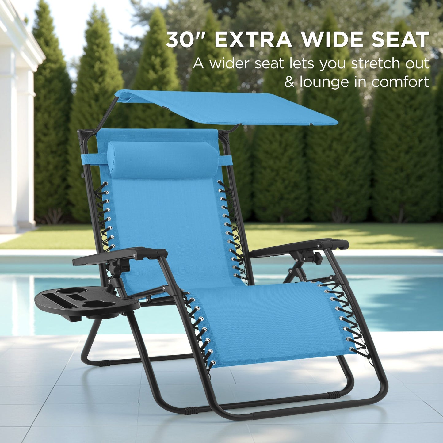 30" Wide Folding Zero Gravity Patio Lounge Chair w/Adjustable Canopy Shade