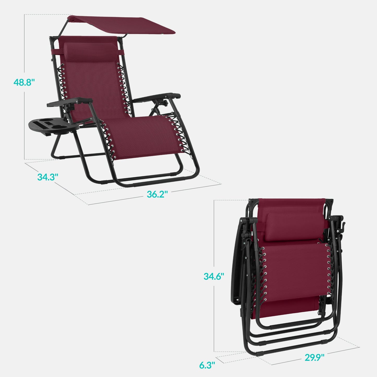 30" Wide Folding Zero Gravity Patio Lounge Chair w/Adjustable Canopy Shade