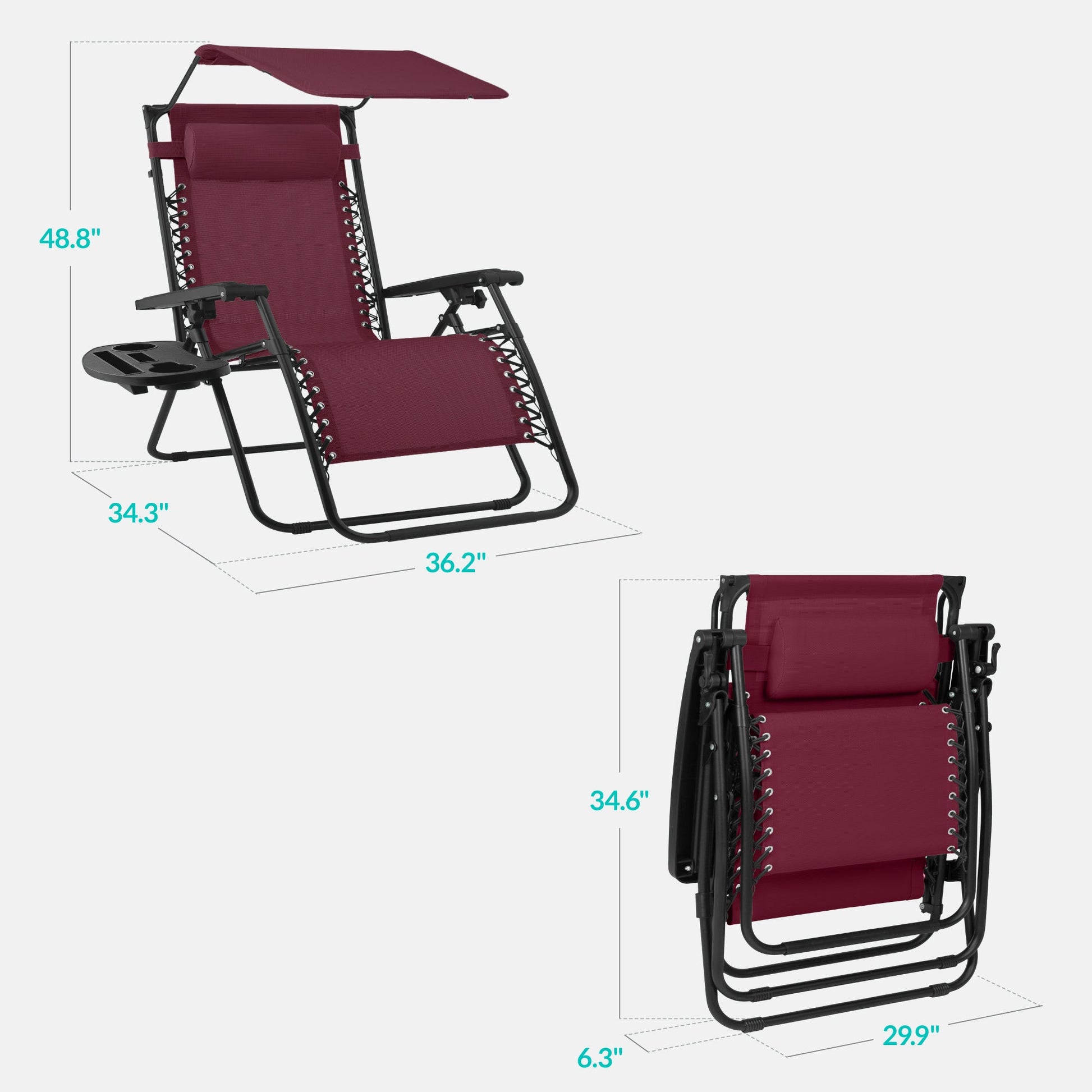 30" Wide Folding Zero Gravity Patio Lounge Chair w/Adjustable Canopy Shade