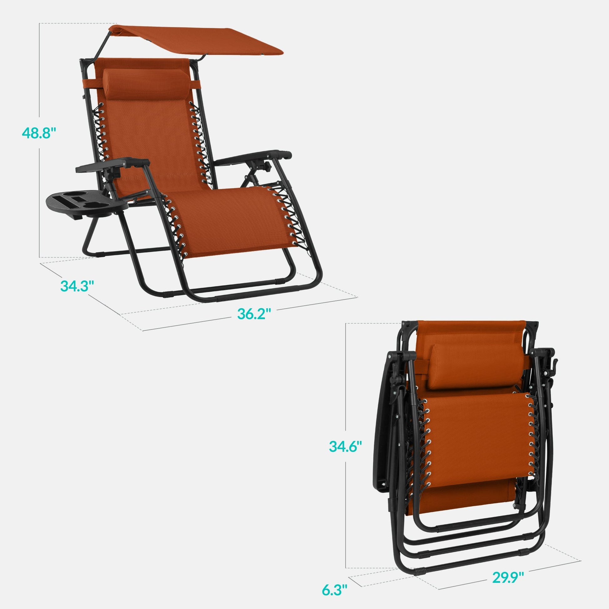 30" Wide Folding Zero Gravity Patio Lounge Chair w/Adjustable Canopy Shade