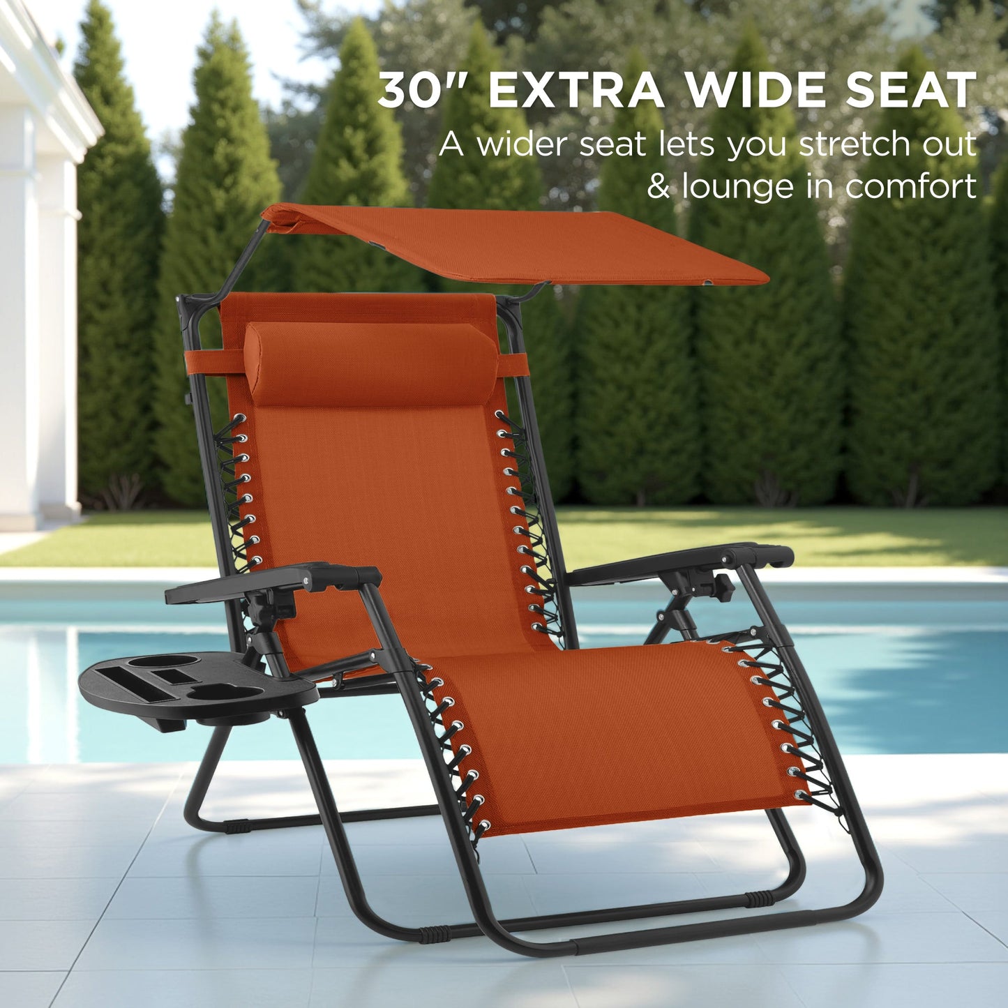 30" Wide Folding Zero Gravity Patio Lounge Chair w/Adjustable Canopy Shade