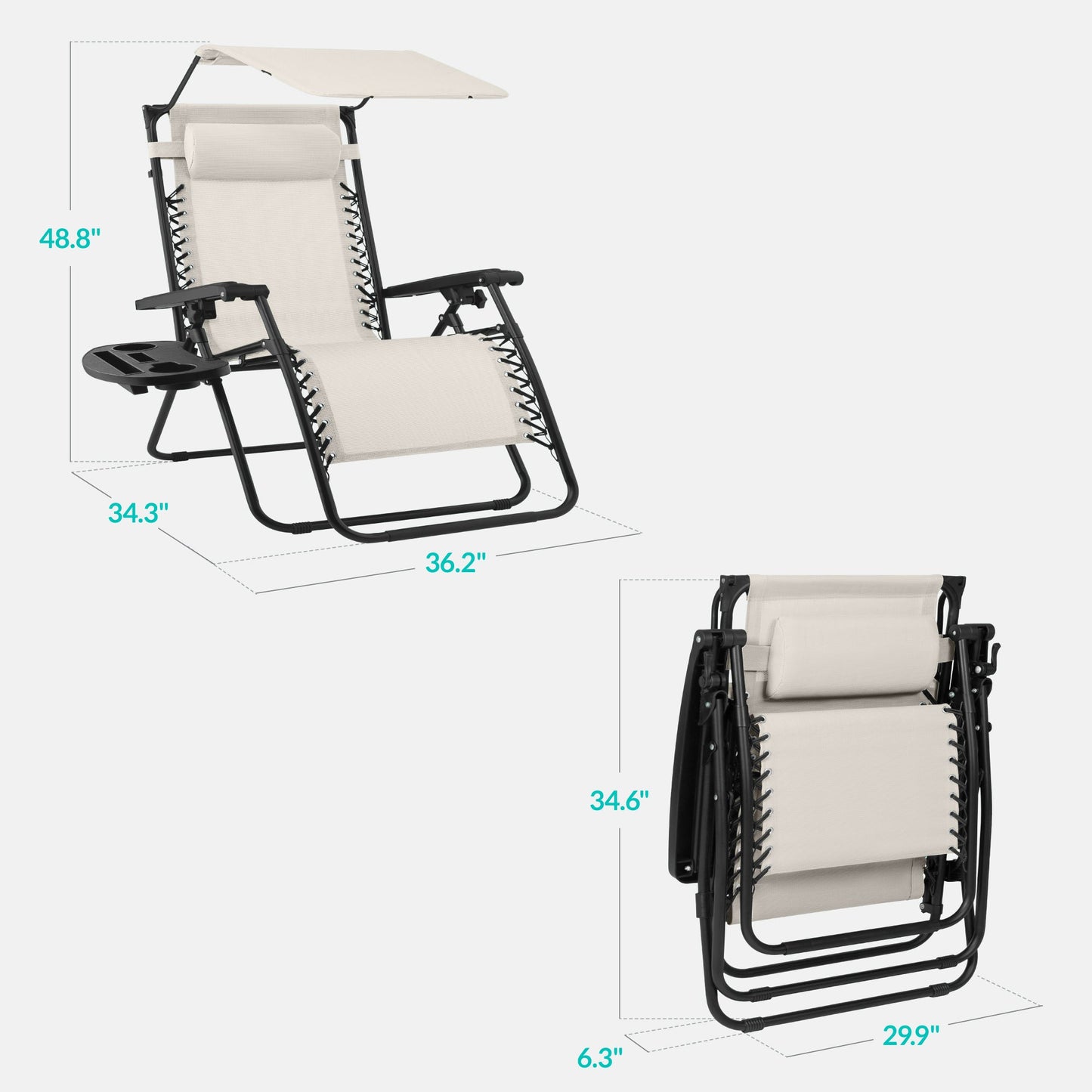 30" Wide Folding Zero Gravity Patio Lounge Chair w/Adjustable Canopy Shade