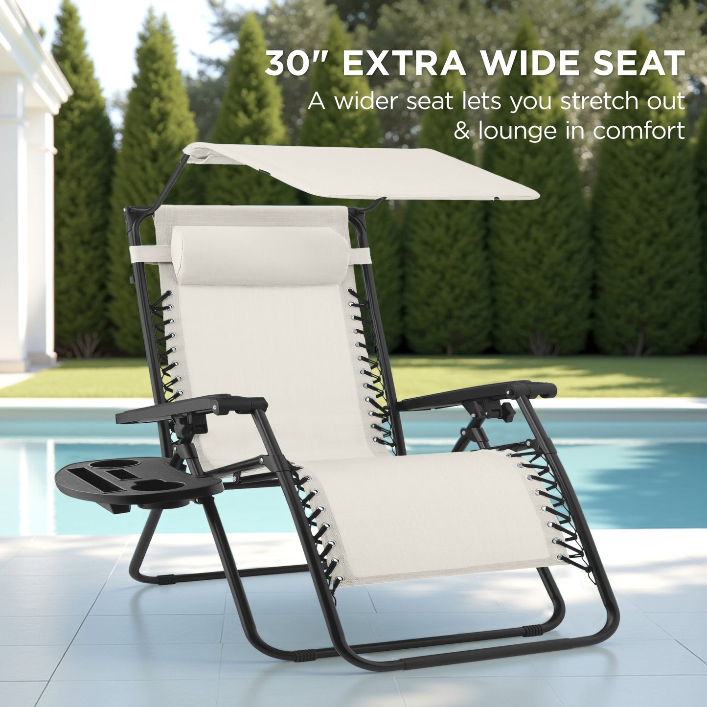 30" Wide Folding Zero Gravity Patio Lounge Chair w/Adjustable Canopy Shade
