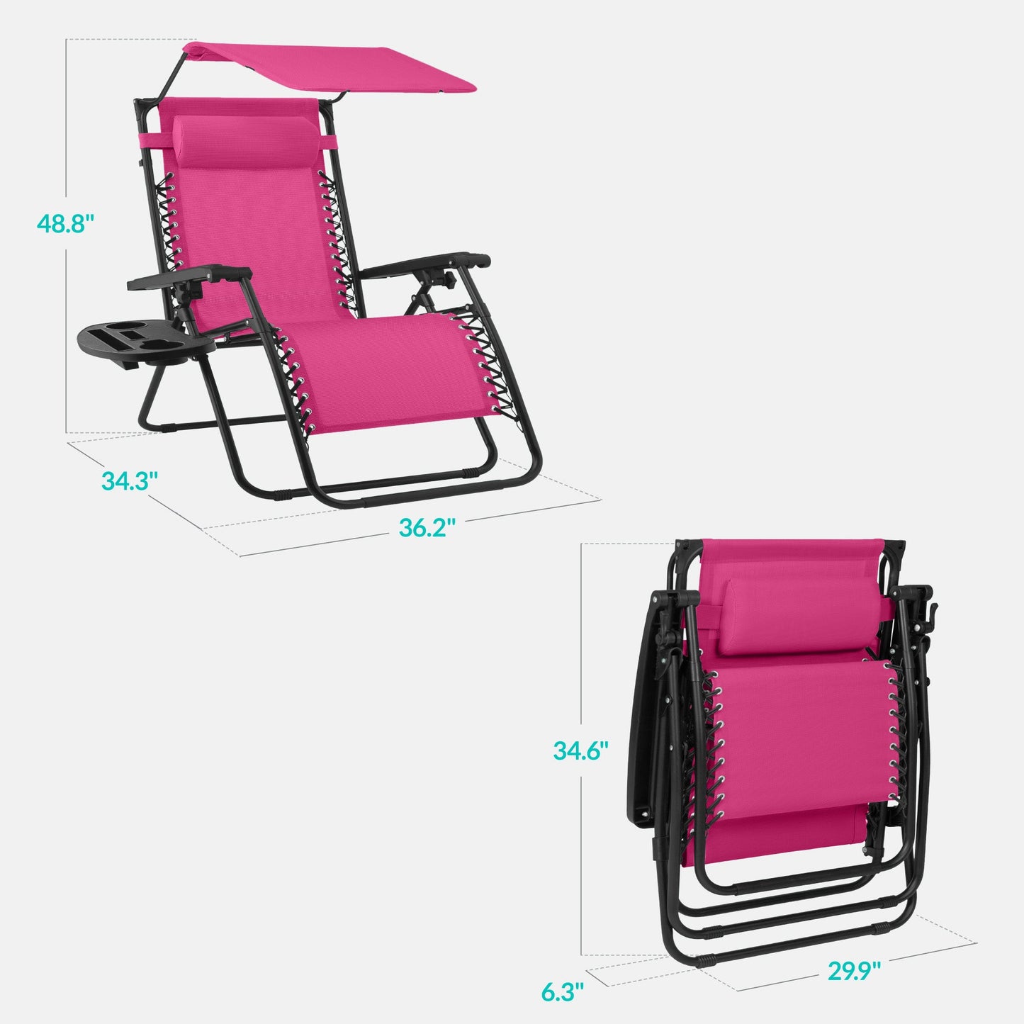 30" Wide Folding Zero Gravity Patio Lounge Chair w/Adjustable Canopy Shade