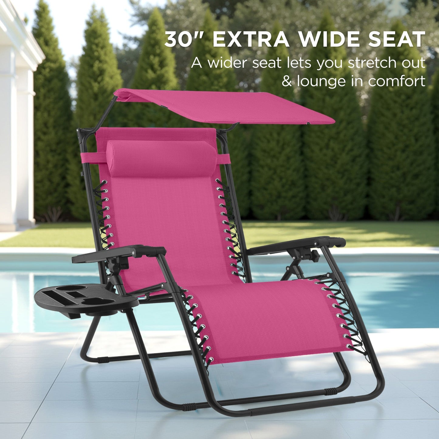 30" Wide Folding Zero Gravity Patio Lounge Chair w/Adjustable Canopy Shade