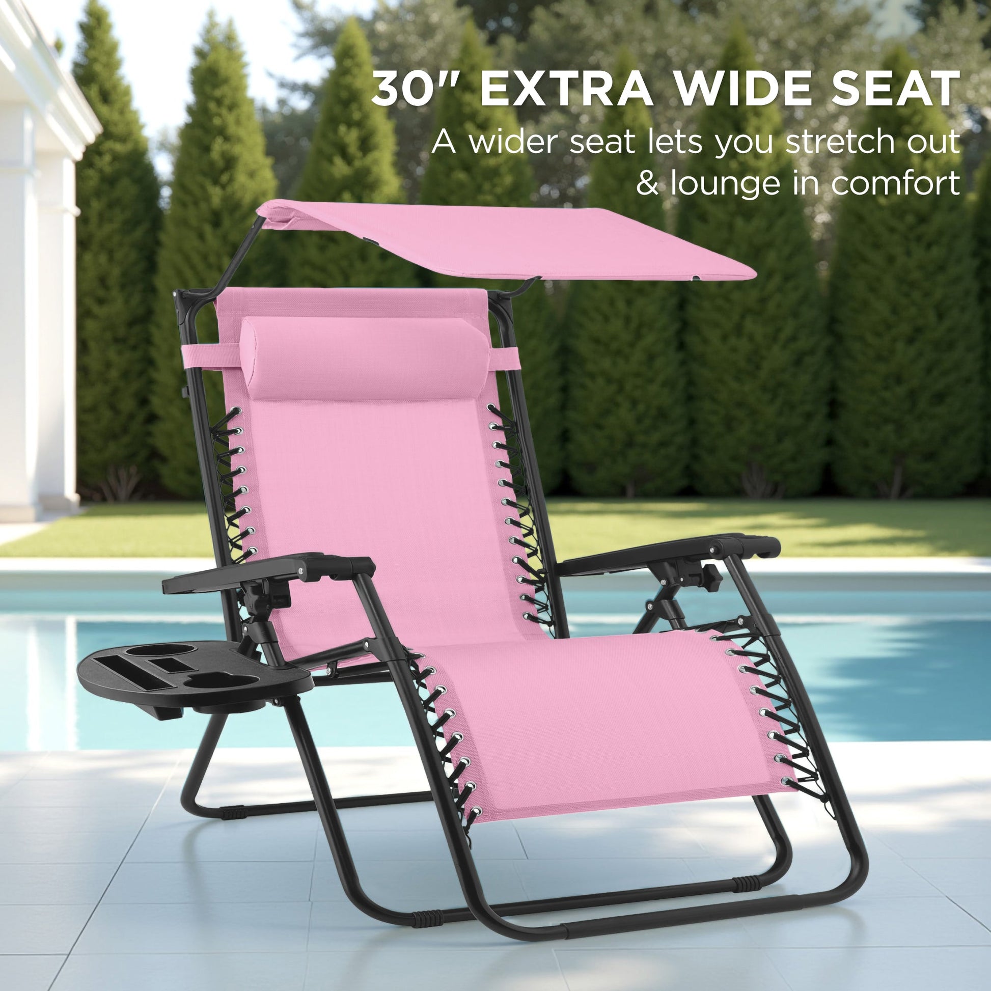 30" Wide Folding Zero Gravity Patio Lounge Chair w/Adjustable Canopy Shade