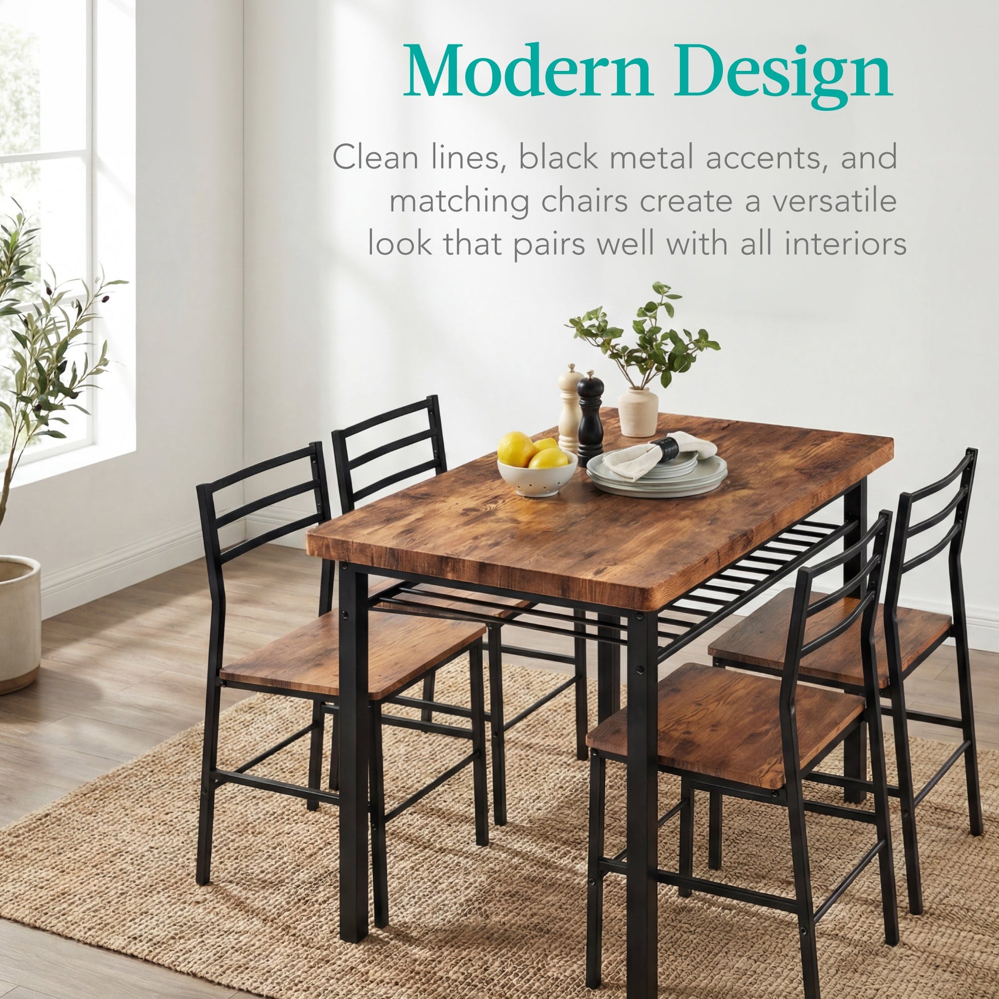 5-Piece Modern Dining Set, Kitchen Table W/ 4 Matching Chairs & Storage Rack