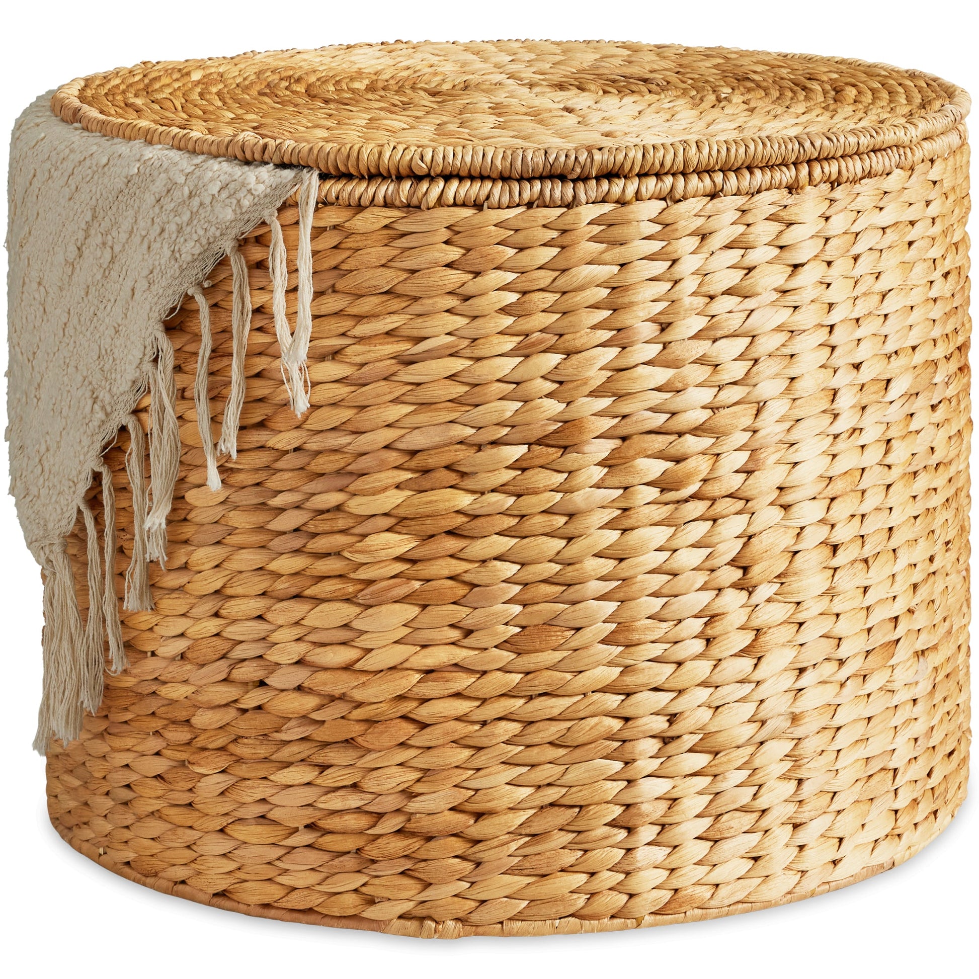 Large Round Storage Ottoman W/ Lid, Handwoven Water Hyacinth Footstool