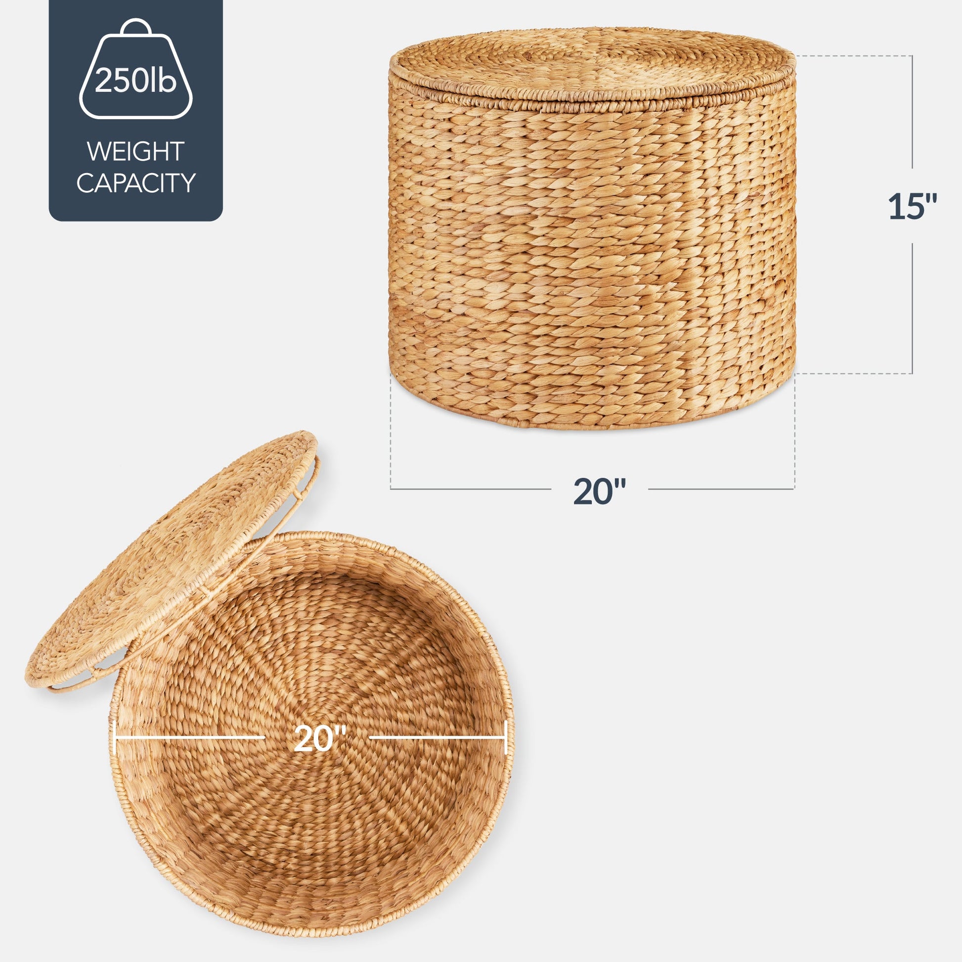Large Round Storage Ottoman W/ Lid, Handwoven Water Hyacinth Footstool