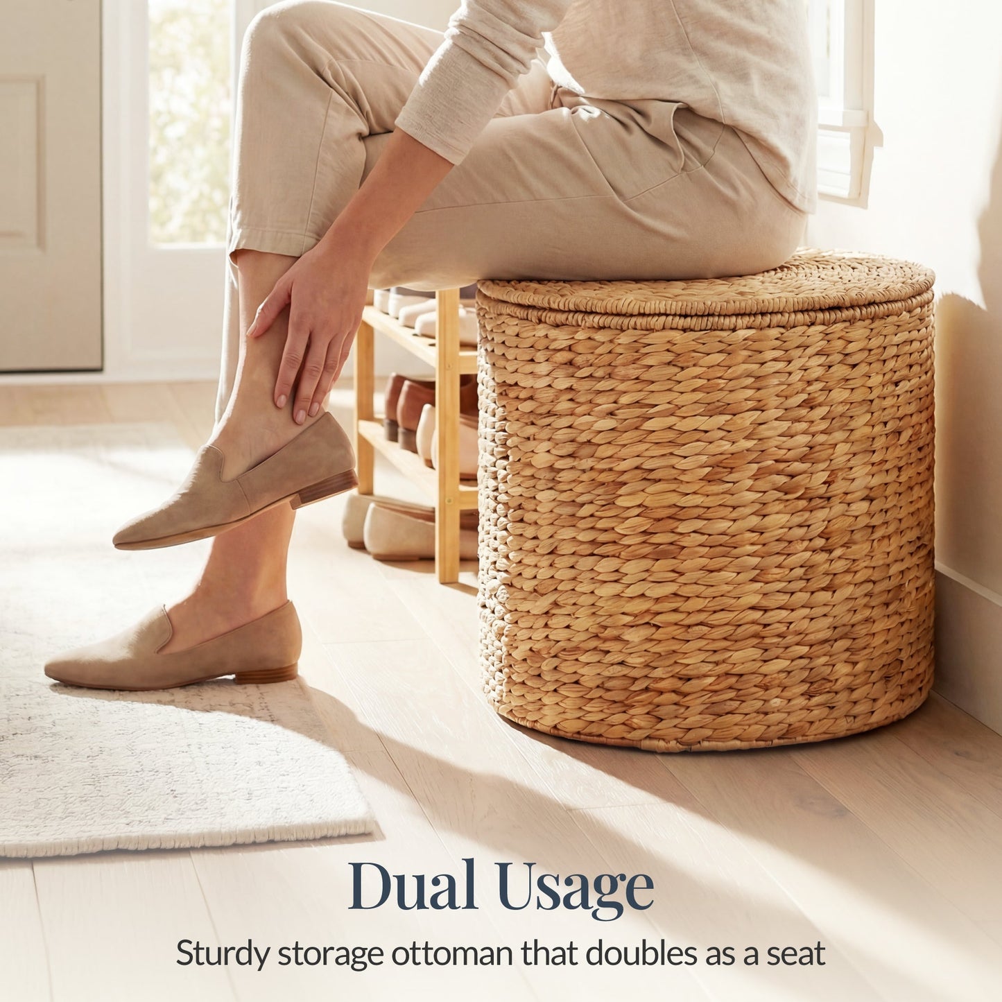 Large Round Storage Ottoman W/ Lid, Handwoven Water Hyacinth Footstool