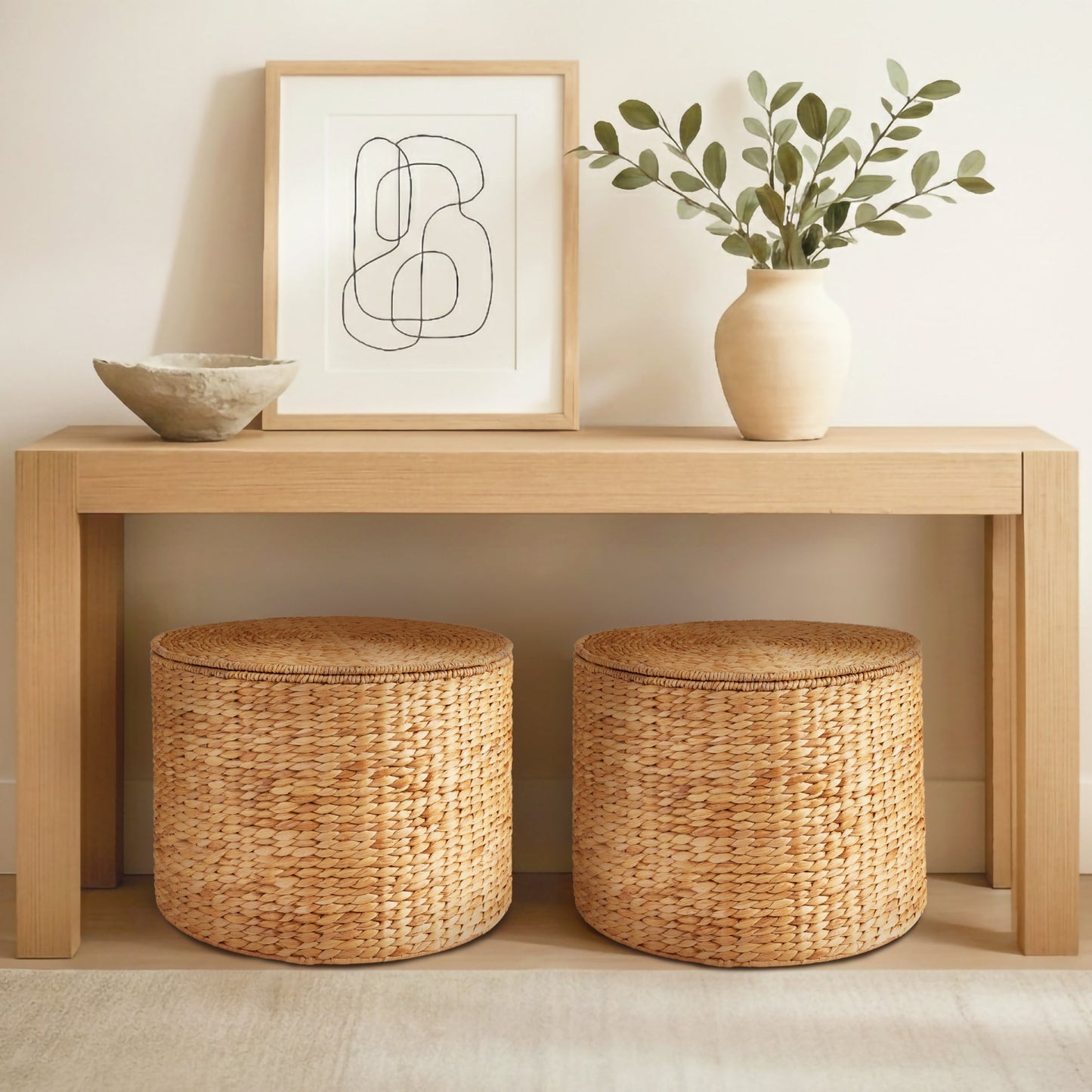 Large Round Storage Ottoman W/ Lid, Handwoven Water Hyacinth Footstool
