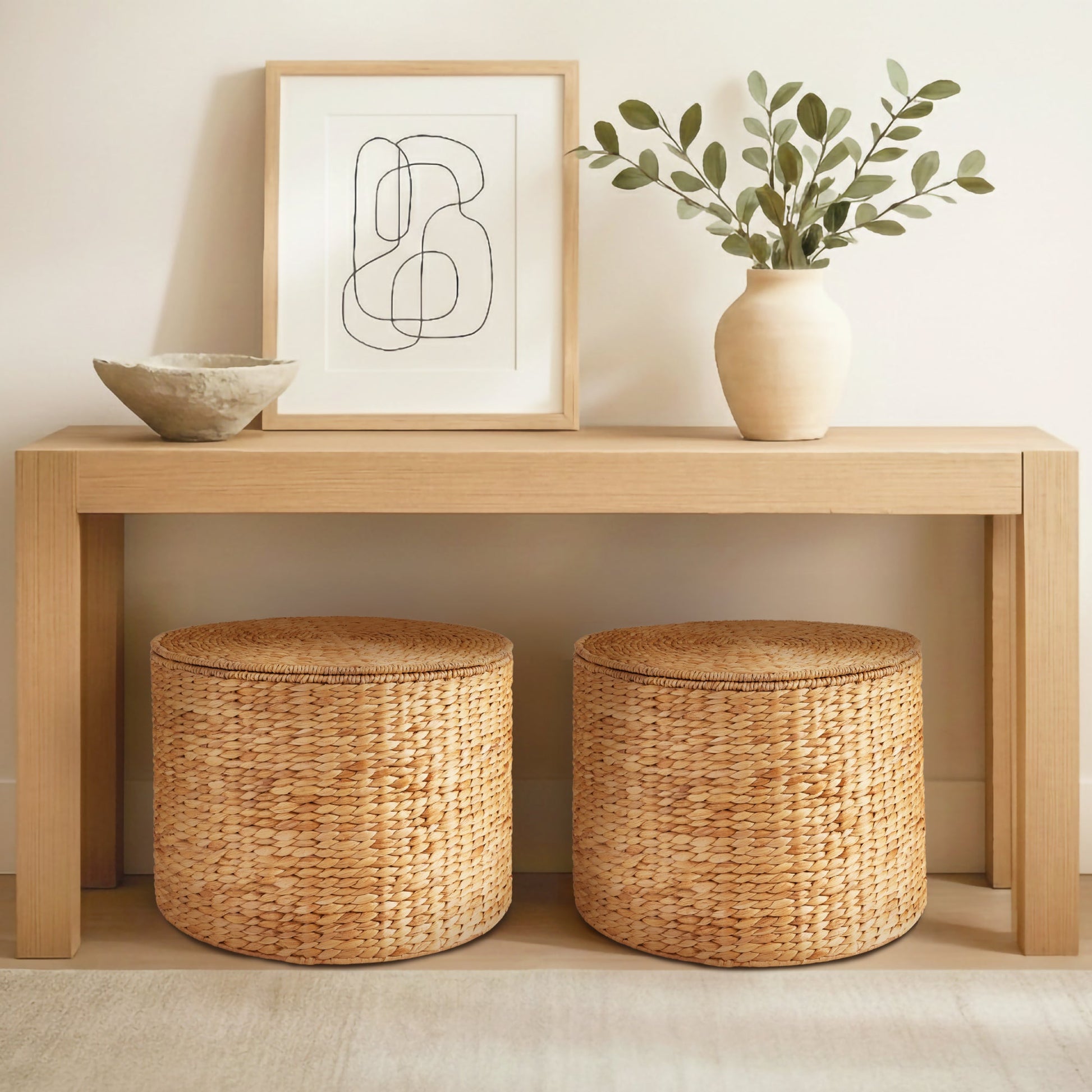 Large Round Storage Ottoman W/ Lid, Handwoven Water Hyacinth Footstool