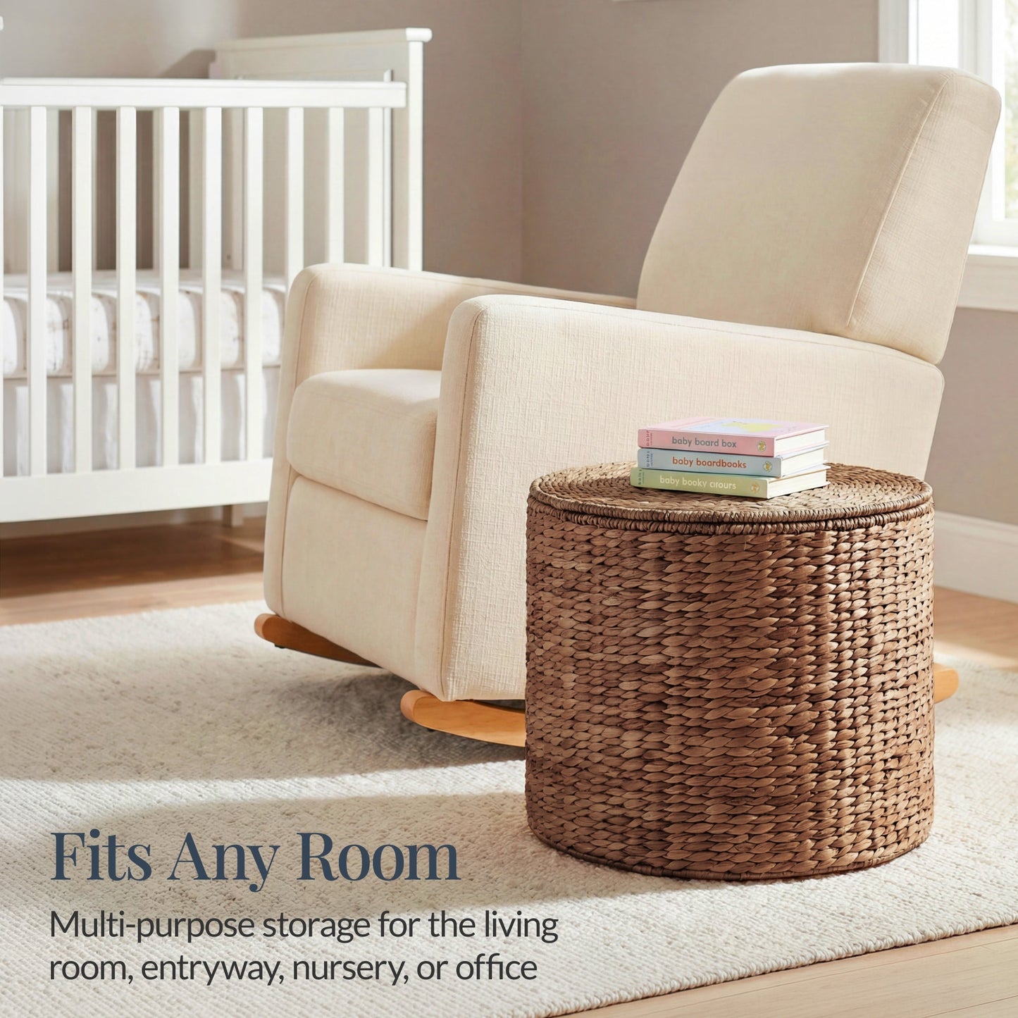 Large Round Storage Ottoman W/ Lid, Handwoven Water Hyacinth Footstool