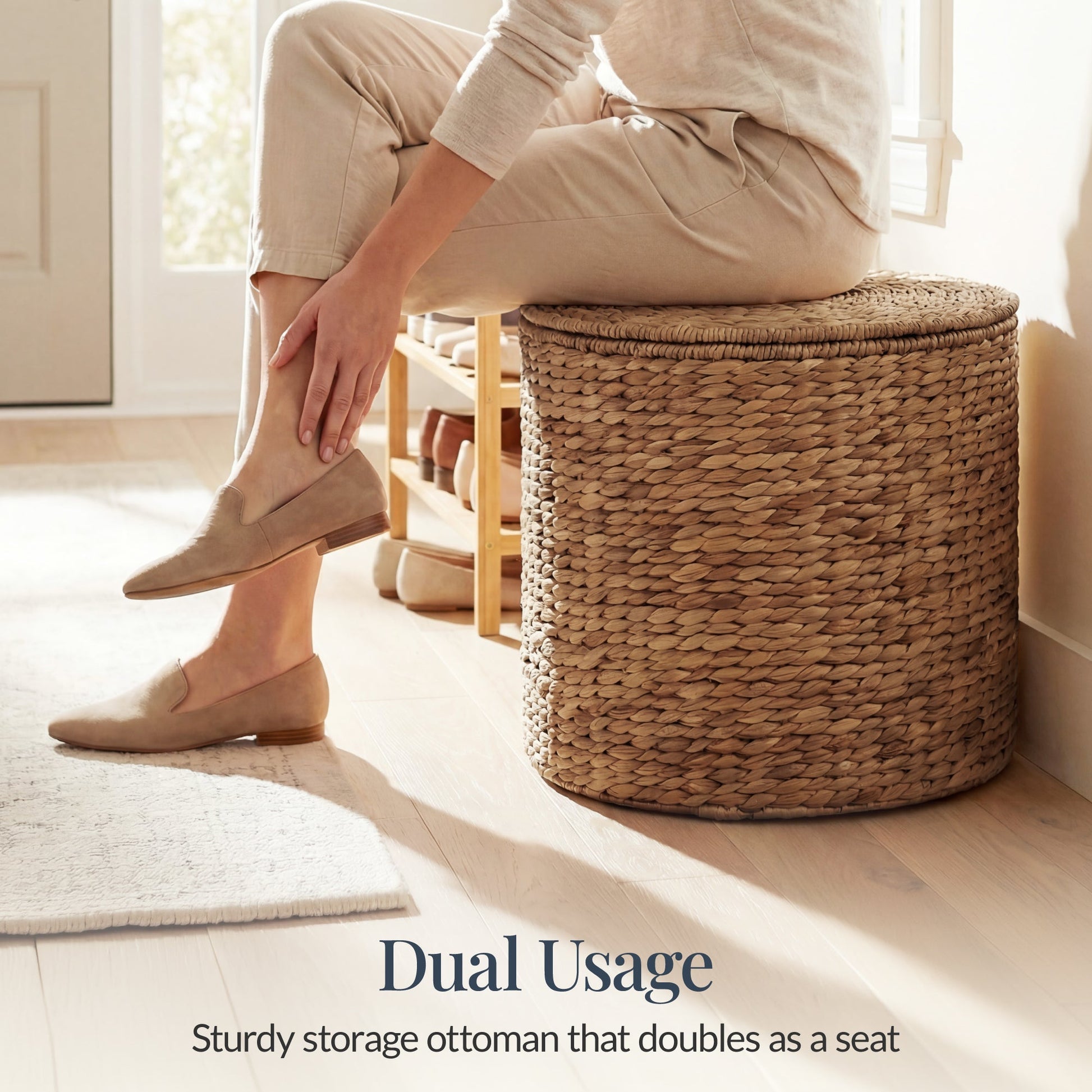 Large Round Storage Ottoman W/ Lid, Handwoven Water Hyacinth Footstool