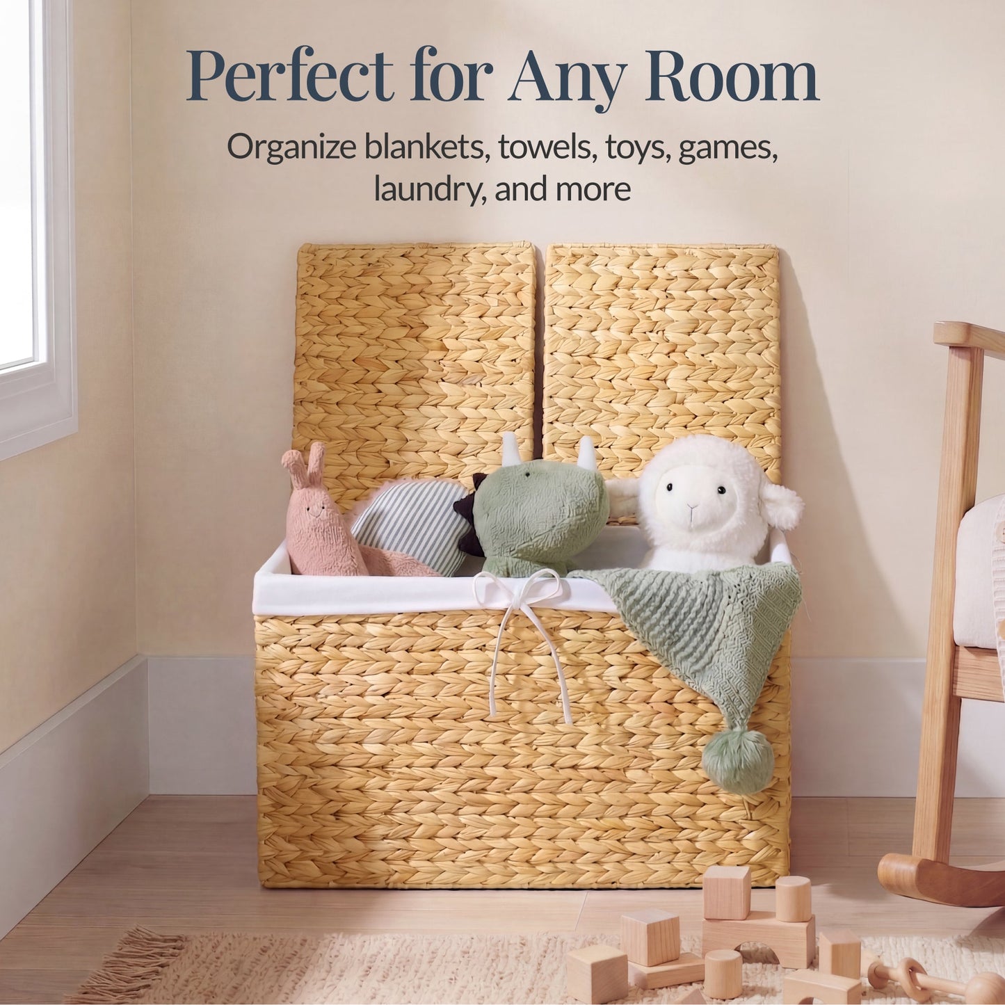 Large Storage Basket w/ Separate Lid, Washable Sectioned Liner Bag
