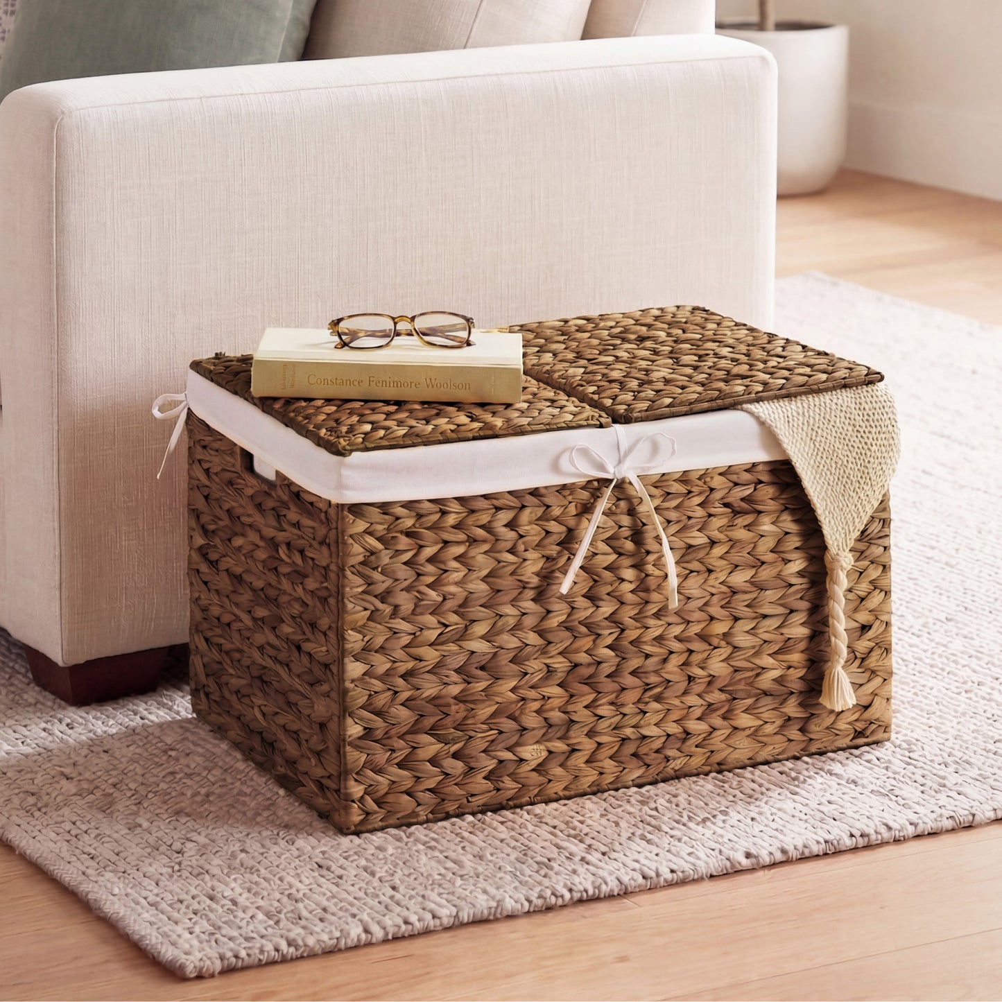 Large Storage Basket w/ Separate Lid, Washable Sectioned Liner Bag